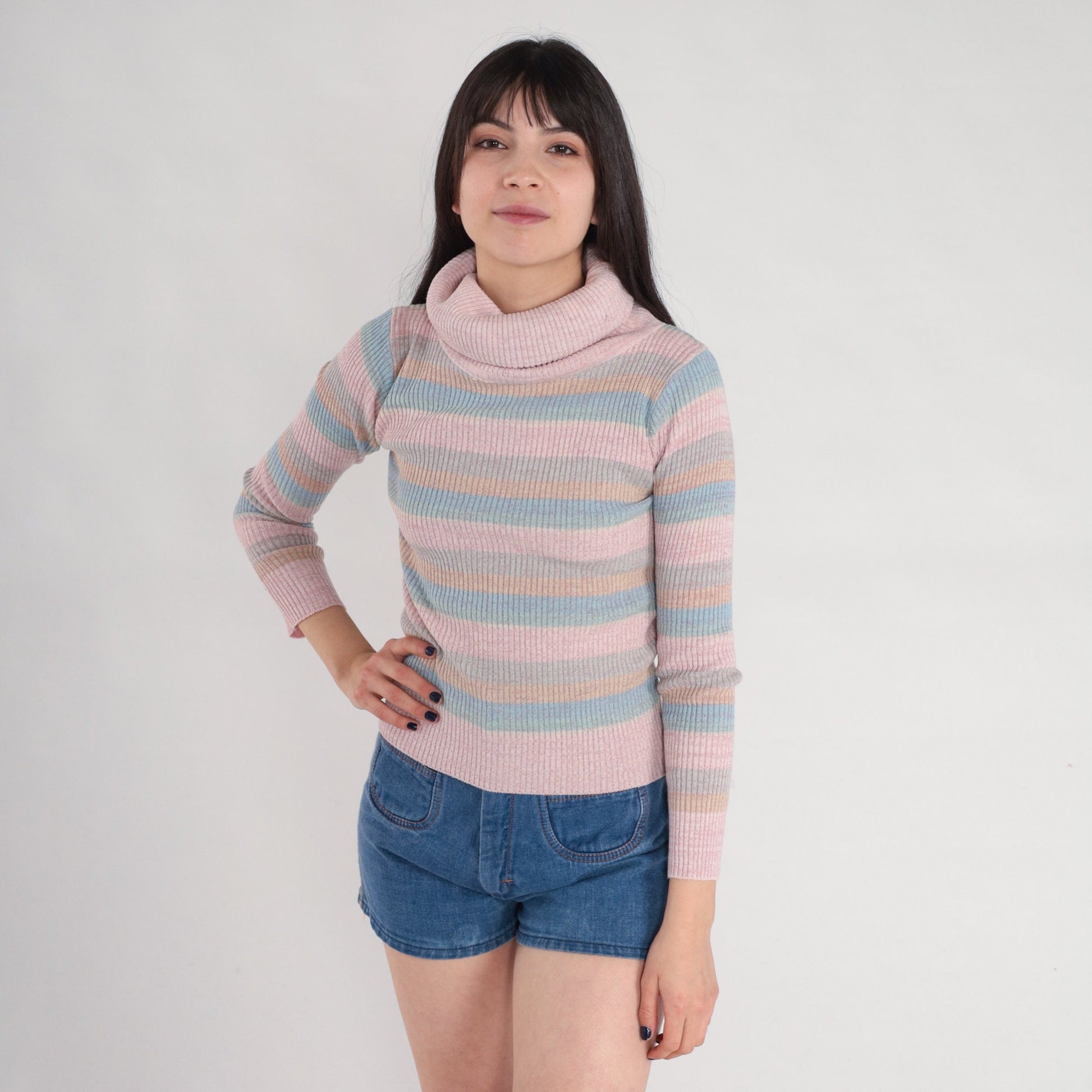 80s Sparkly Striped Ribbed Knit Turtleneck Sweater Pastel Pink Blue Orange Small