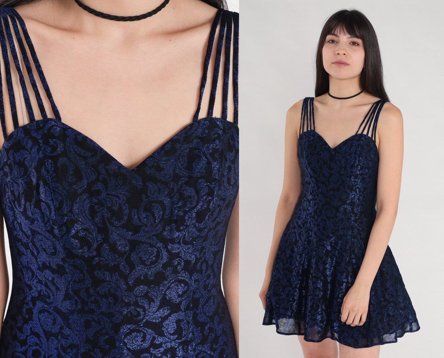 80s Black Metallic Blue Swirl Mini Dress Sweetheart Neckline XS