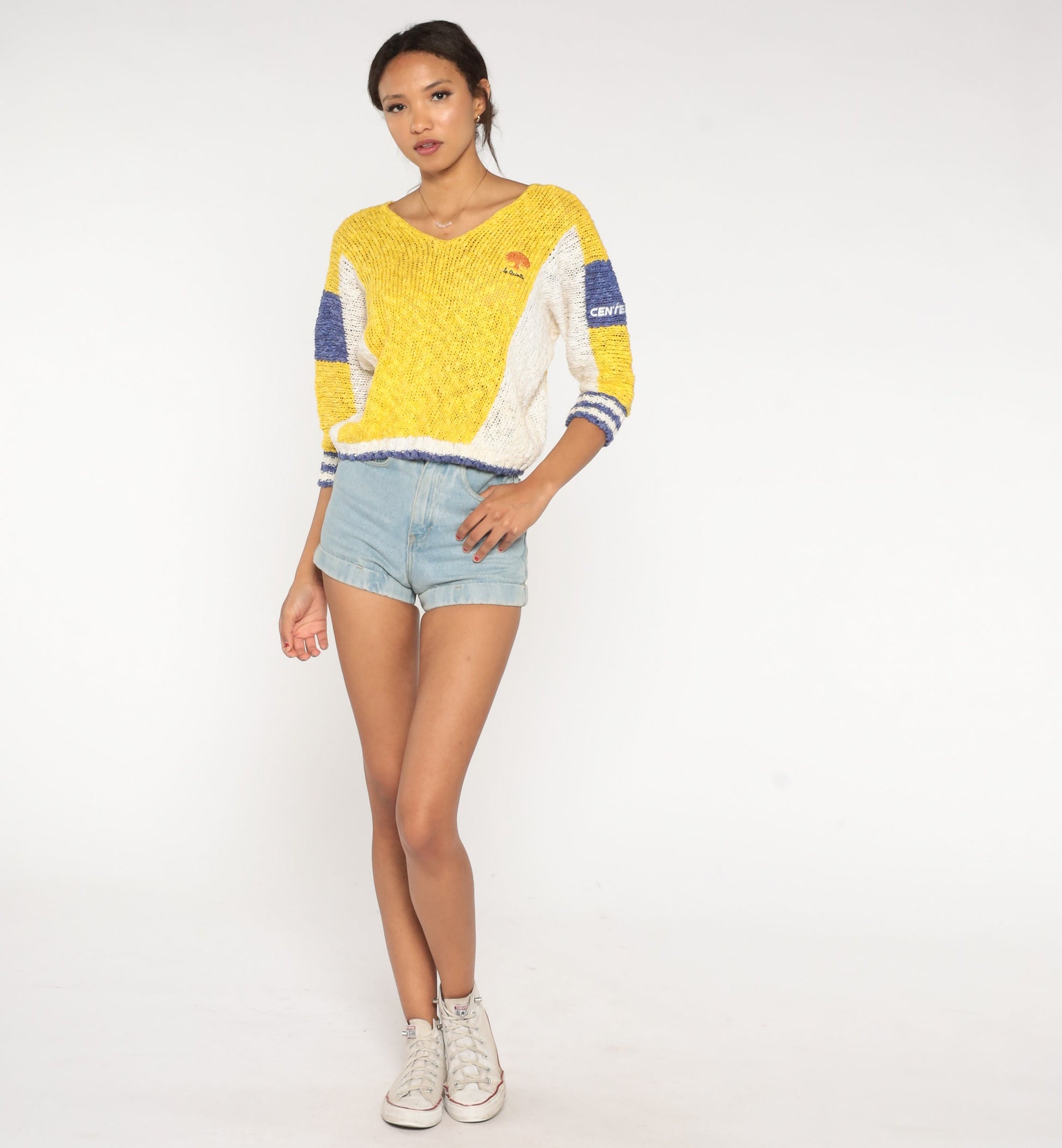 80s La Quinta Color Block Sweater Yellow Purple Cropped Knit Medium