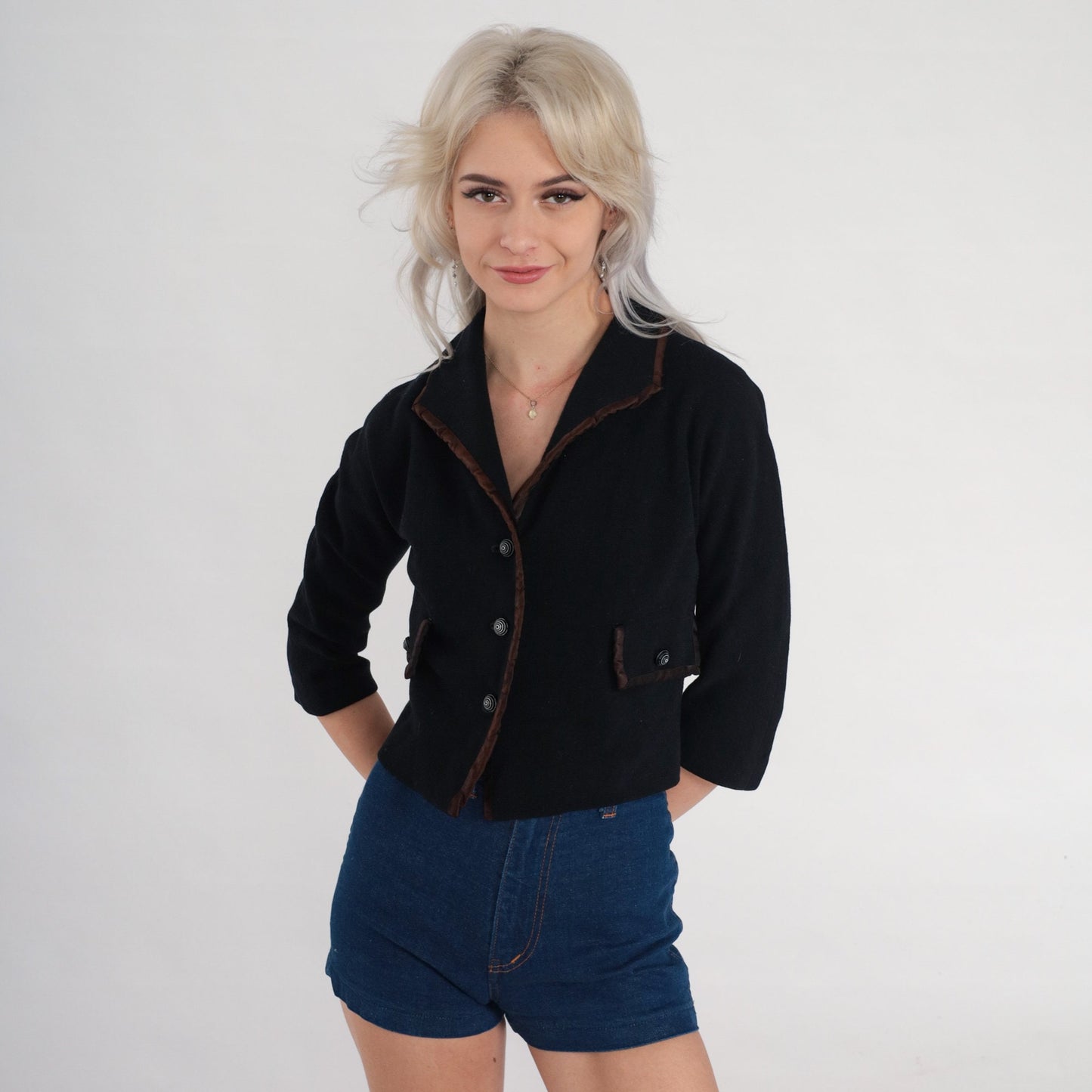 60s R & K Knits Black Wool Blend Blazer Brown Trim Cropped 3/4 Sleeve Extra Small