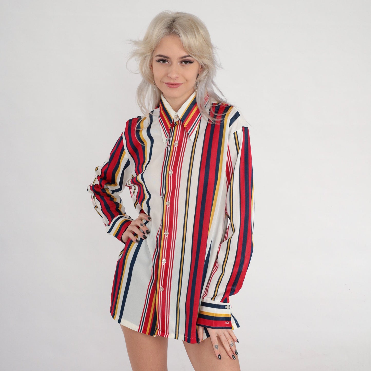 70s Striped Dagger Collar Button-Up Shirt White Red Yellow Blue Medium