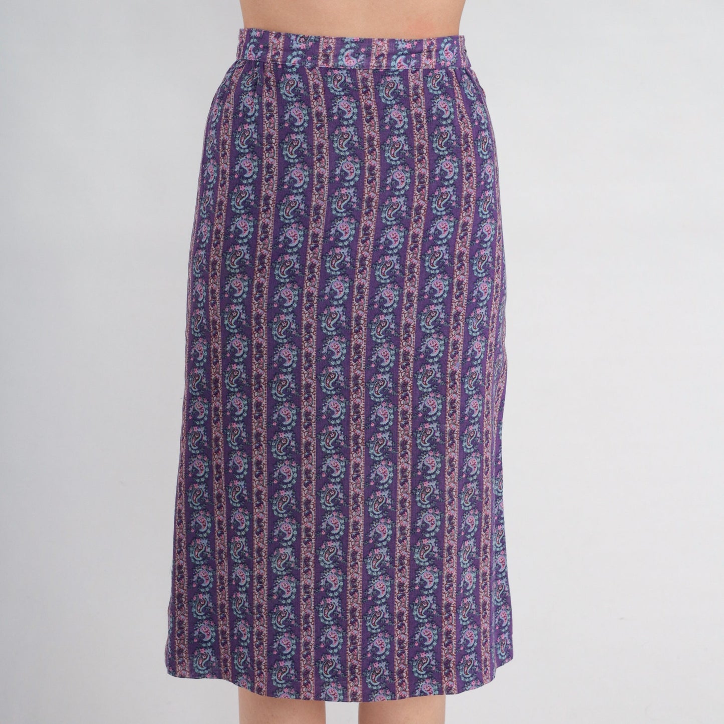 60s Purple Paisley Midi Skirt High Waisted Striped Floral Print Extra Small XS