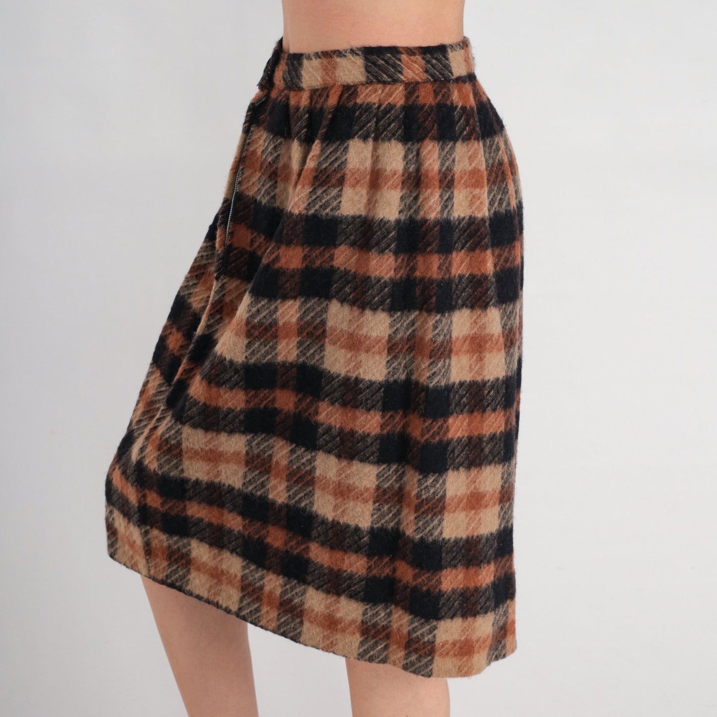 70s Brown Black Plaid Pleated Knee-Length Skirt High Waist Small