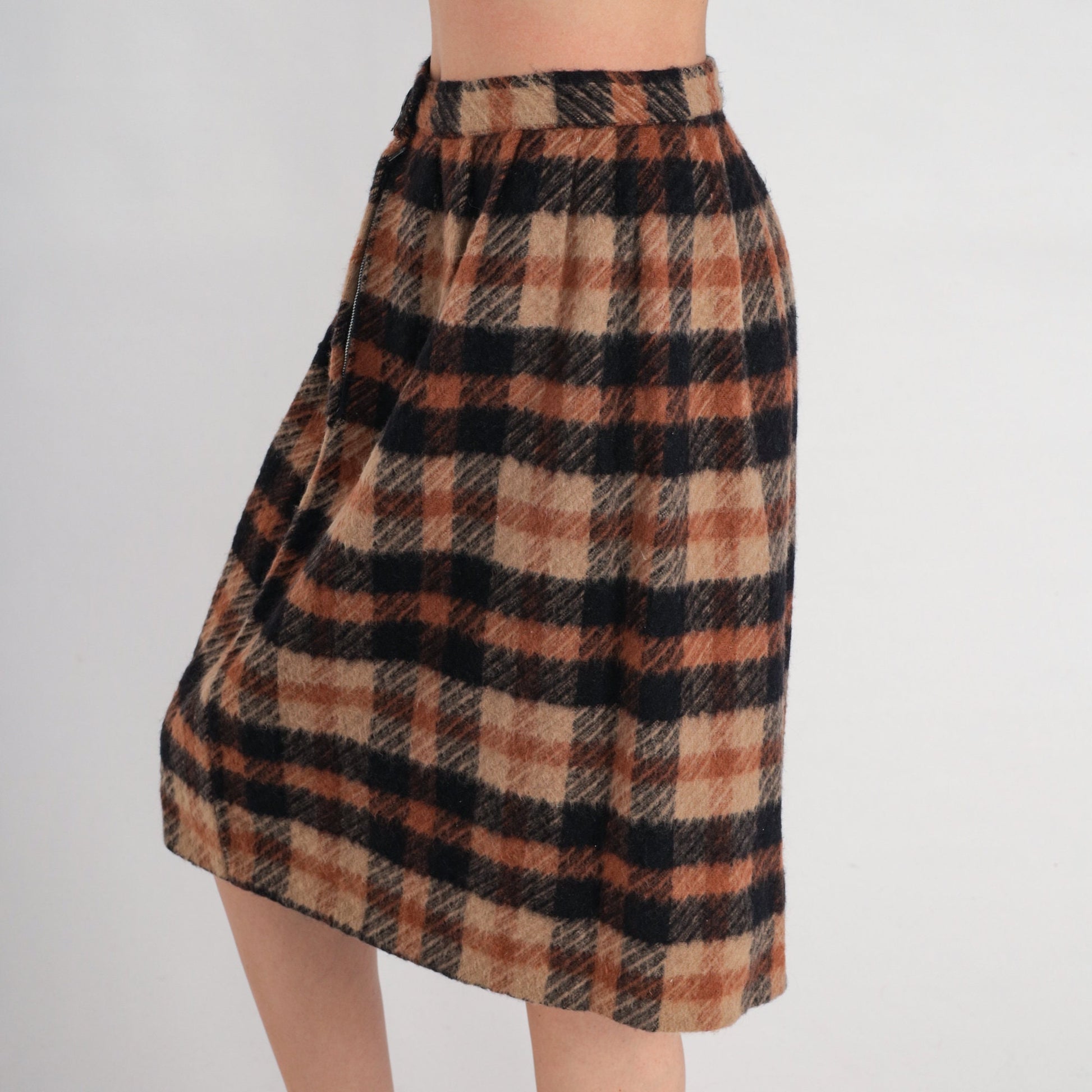 70s Brown Black Plaid Pleated Knee-Length Skirt High Waist Small