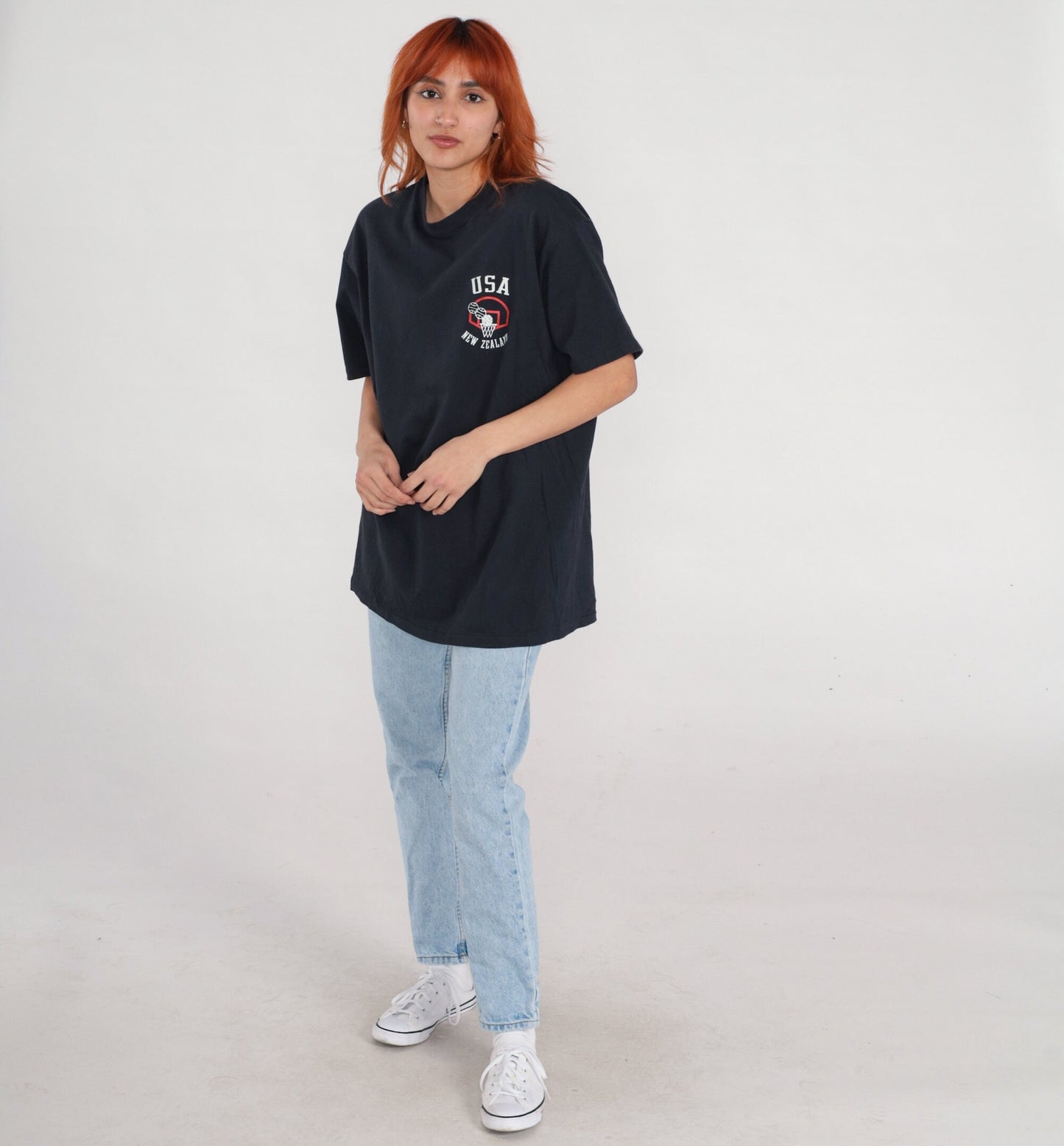 90s USA New Zealand Basketball Tournament Graphic T-Shirt Cotton Black Extra Large XL