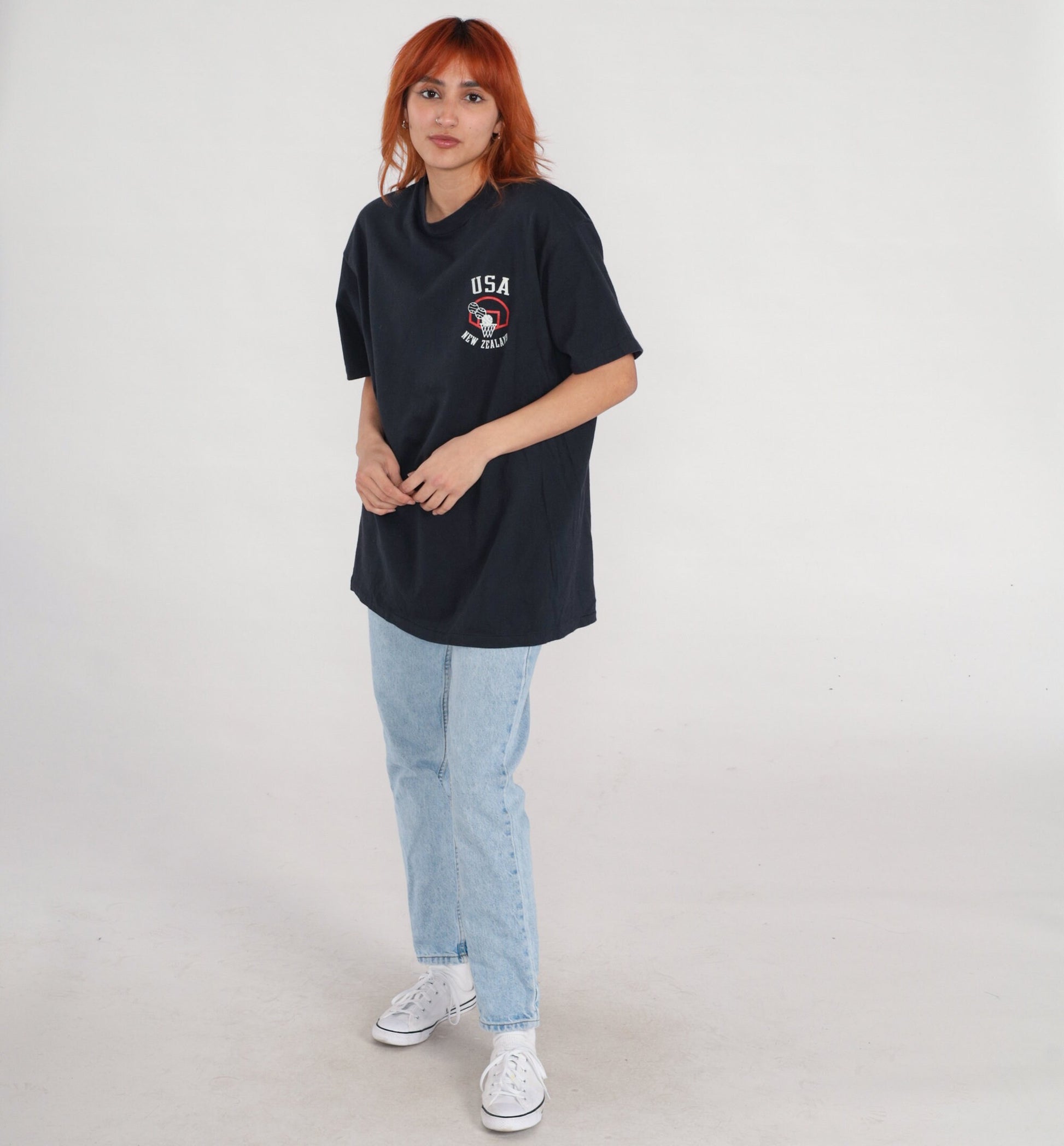 90s USA New Zealand Basketball Tournament Graphic T-Shirt Cotton Black Extra Large XL