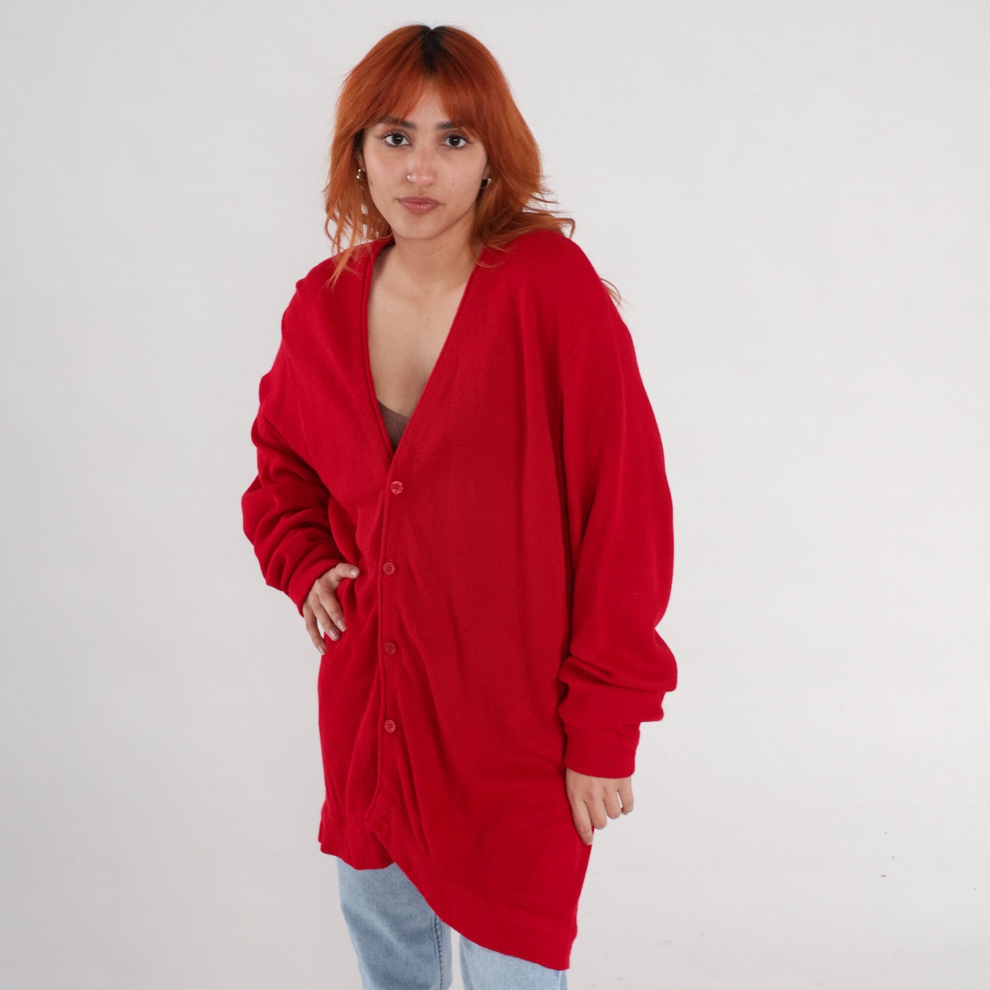 80s Red Cardigan V-Neck Knit Button-Up Sweater Extra Large XL