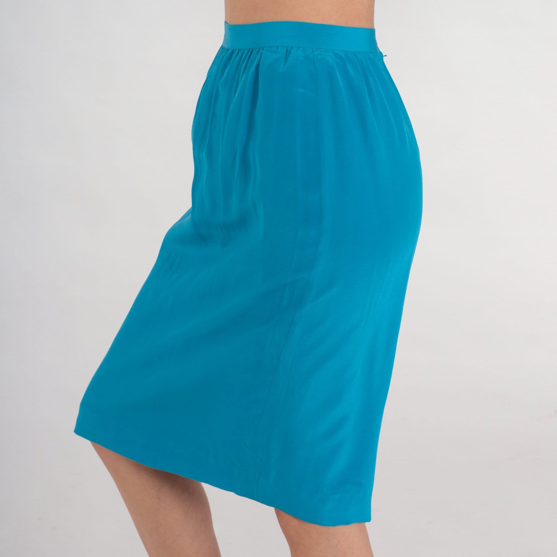 80s Blue Silk Skirt High Waist Straight Knee Length Extra Small