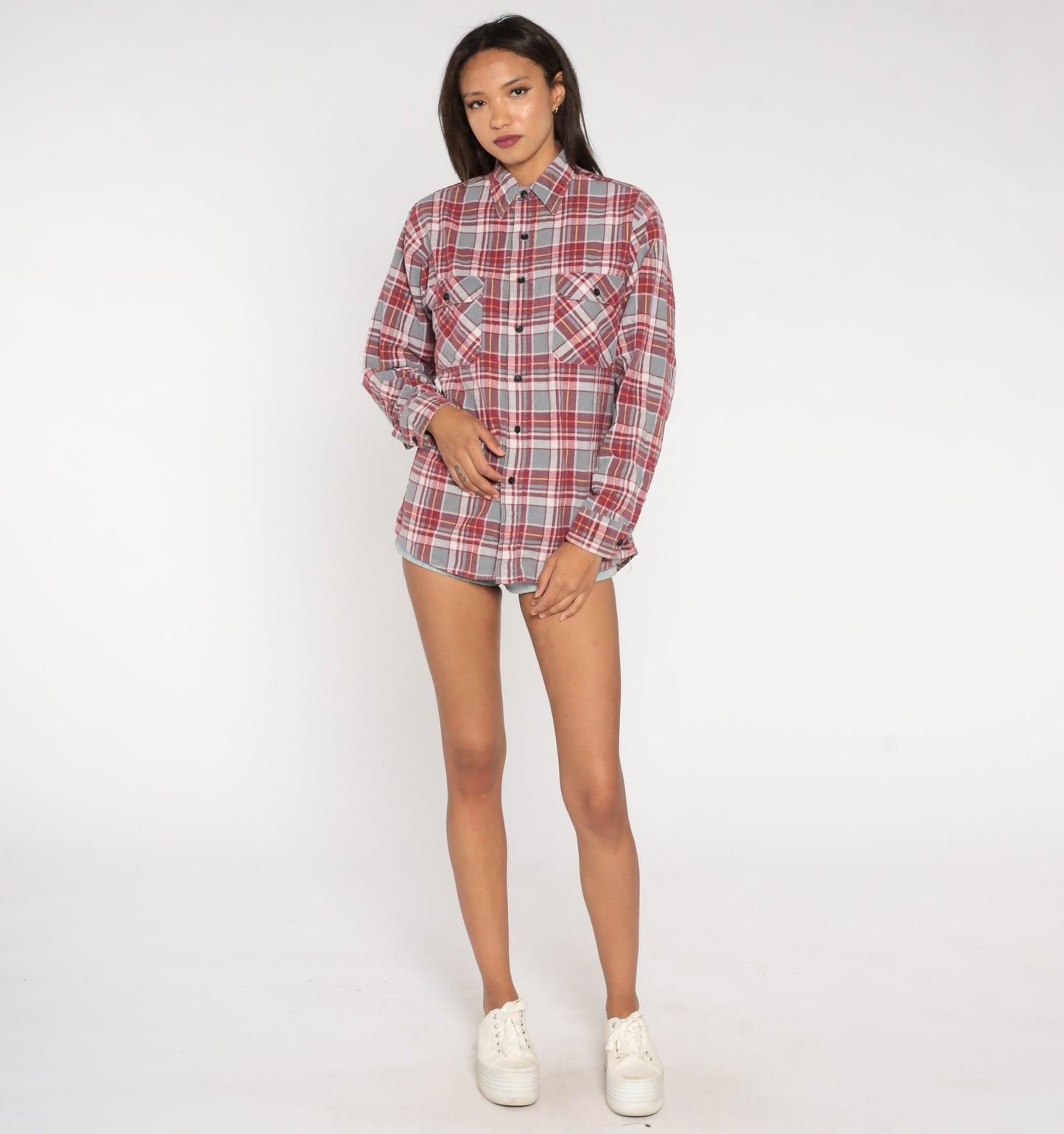 90s Red Grey Plaid Flannel Shirt Button Up Long Sleeve Medium