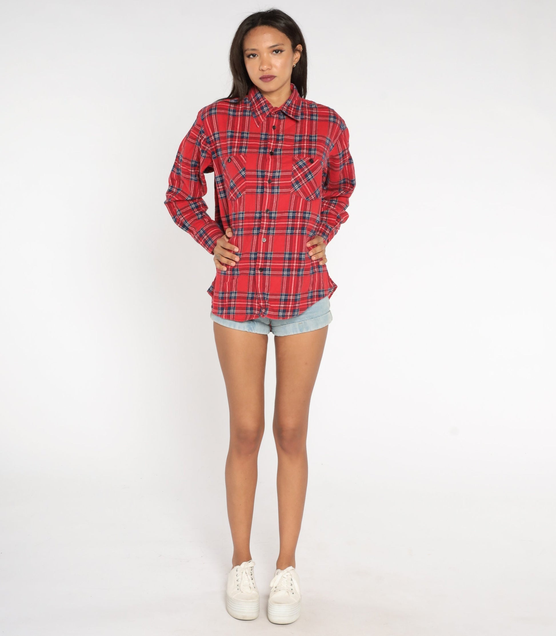 90s Red Navy Plaid Flannel Shirt Cotton Button Up Large