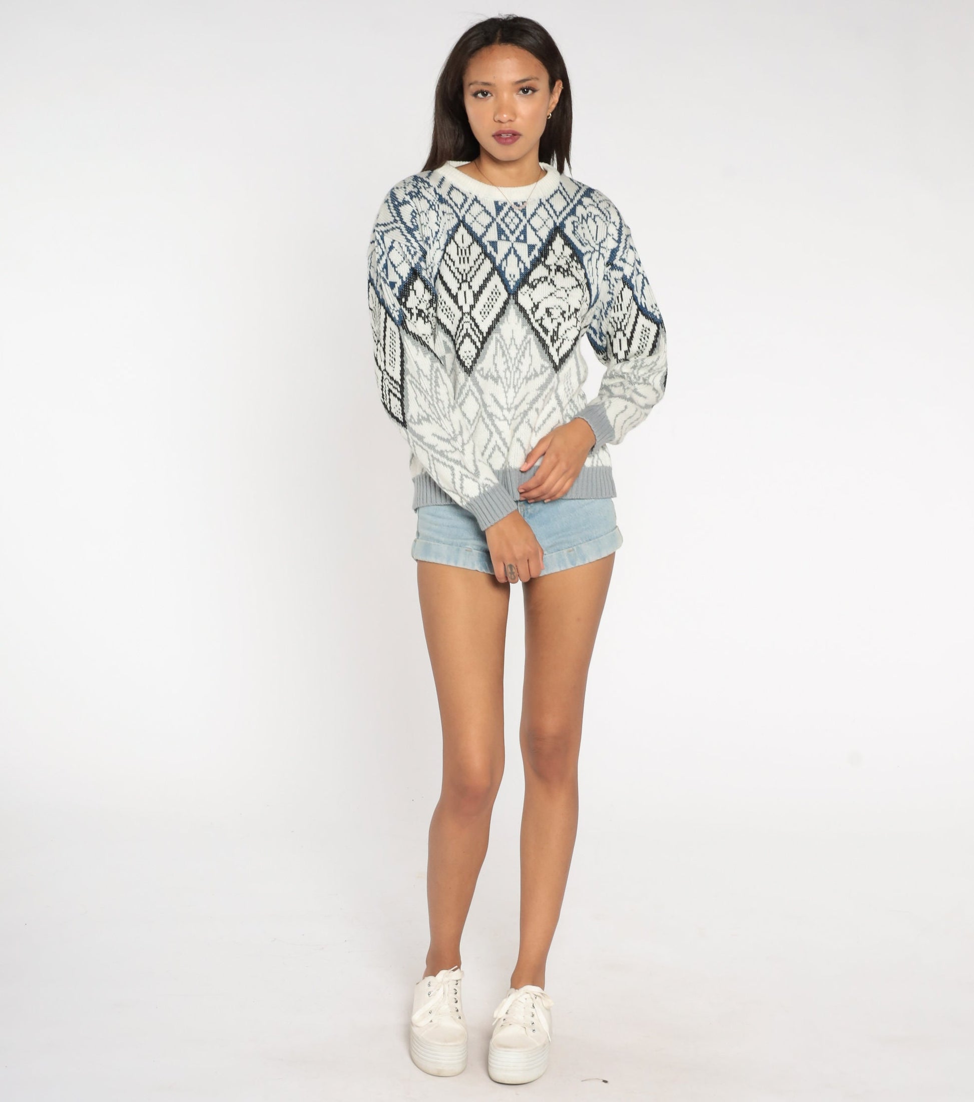 90s Geometric Abstract Jacquard Knit Sweater White Crewneck Small