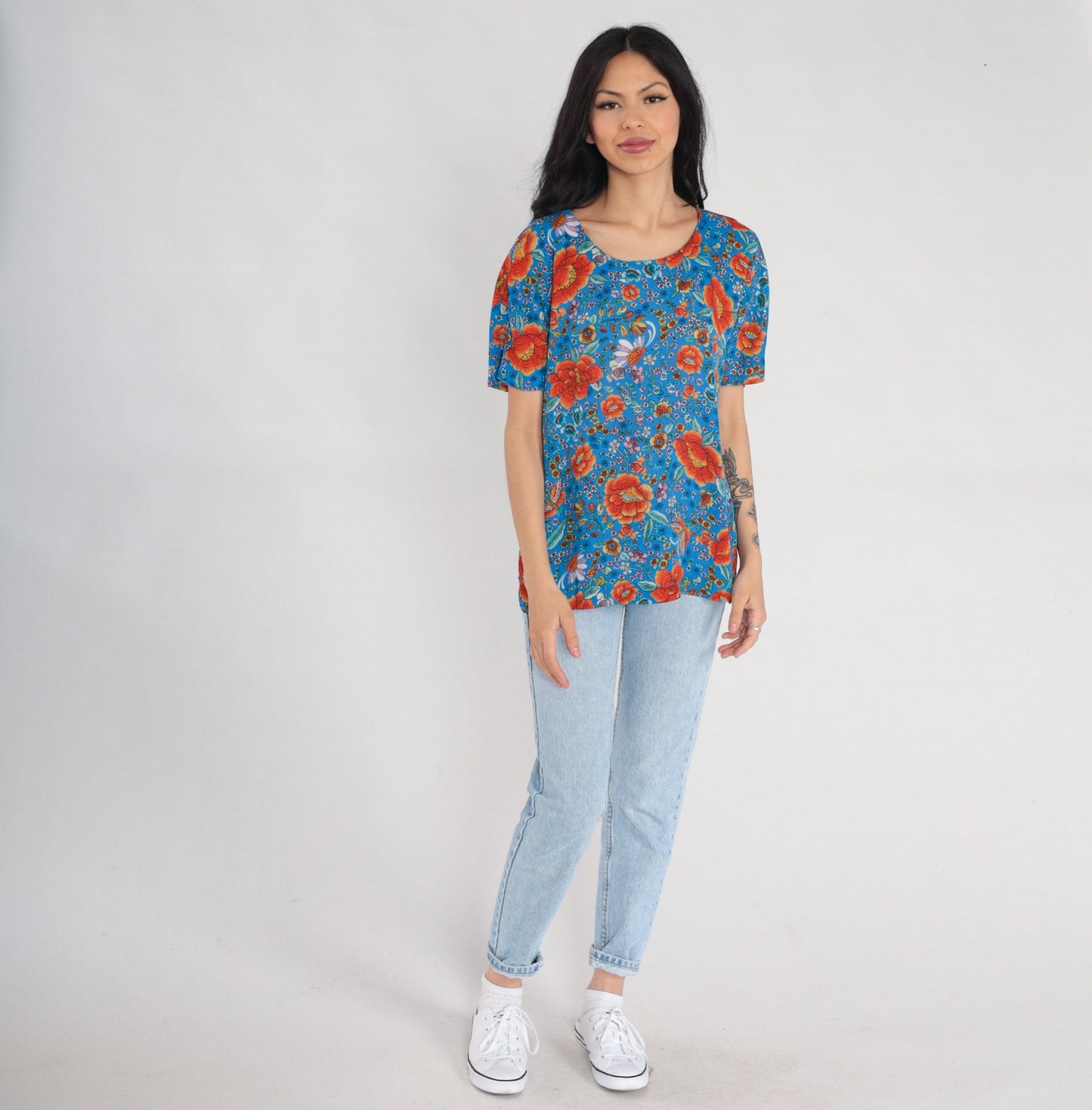 Y2K Blue Orange Floral Blouse Short Sleeve Keyhole Clasp Top Medium