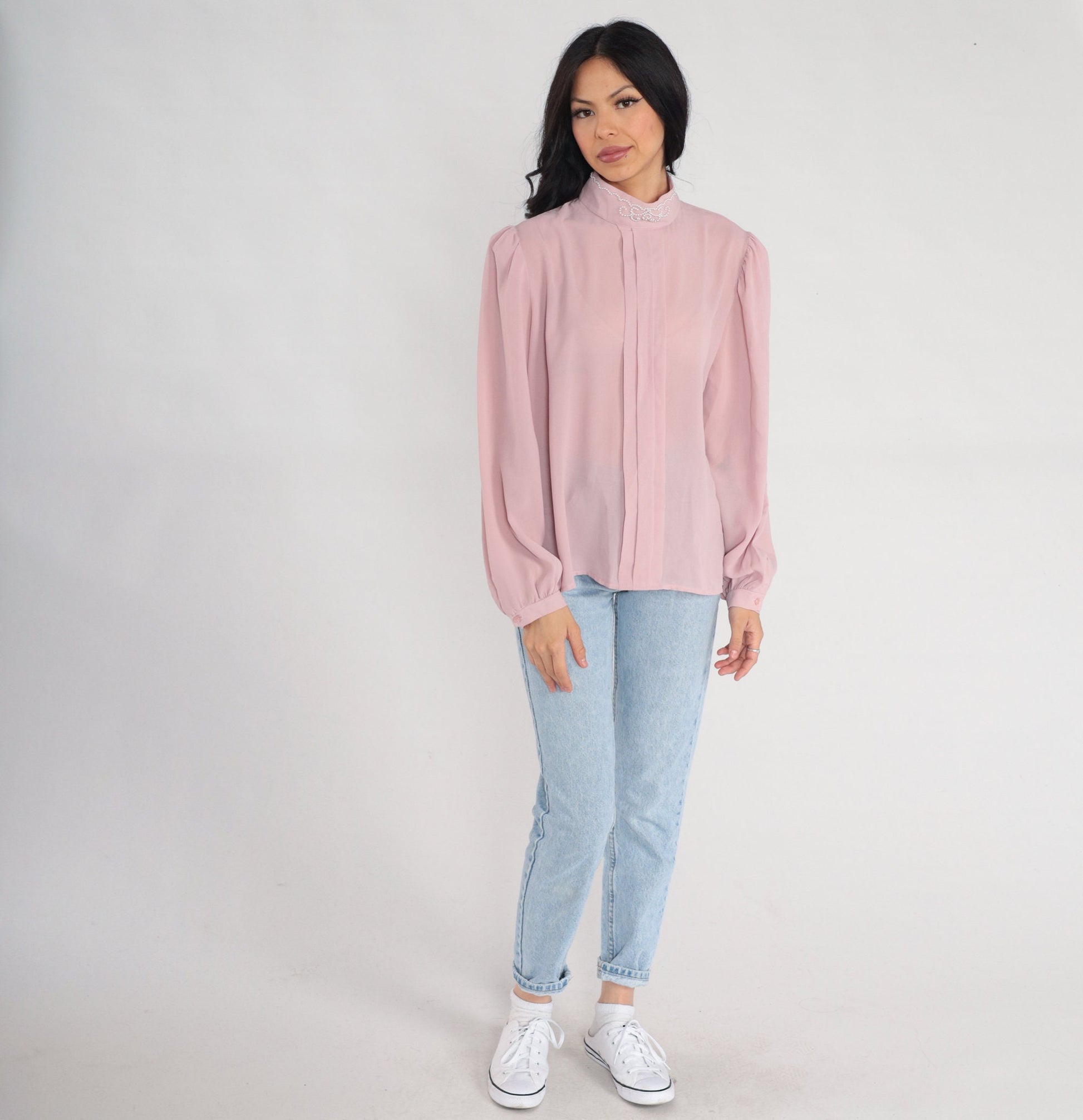80s Pink Chiffon Blouse Puff Sleeve Beaded Pleated Mock Neck Large L