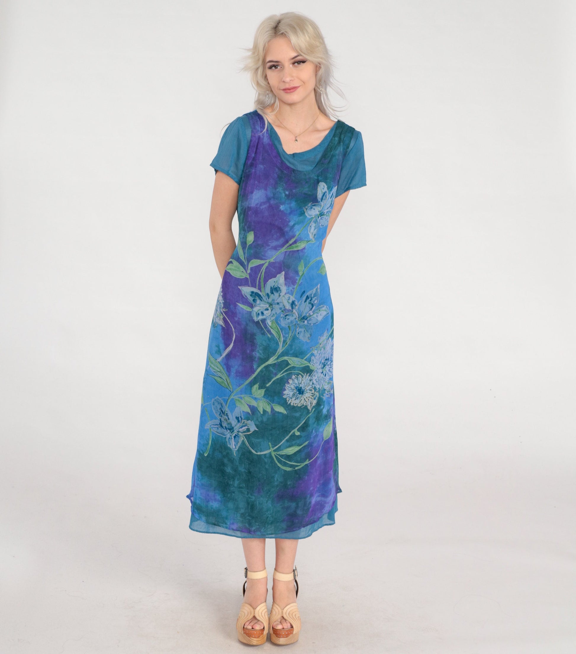 00s Tie Dye Floral Midi Dress Purple Blue Green Layered Short Sleeve Small