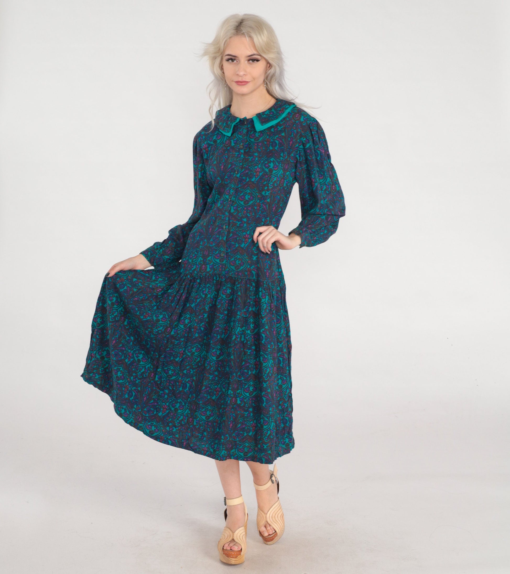 80s Green Floral Midi Dress Collared Puff Sleeve Drop Waist Small