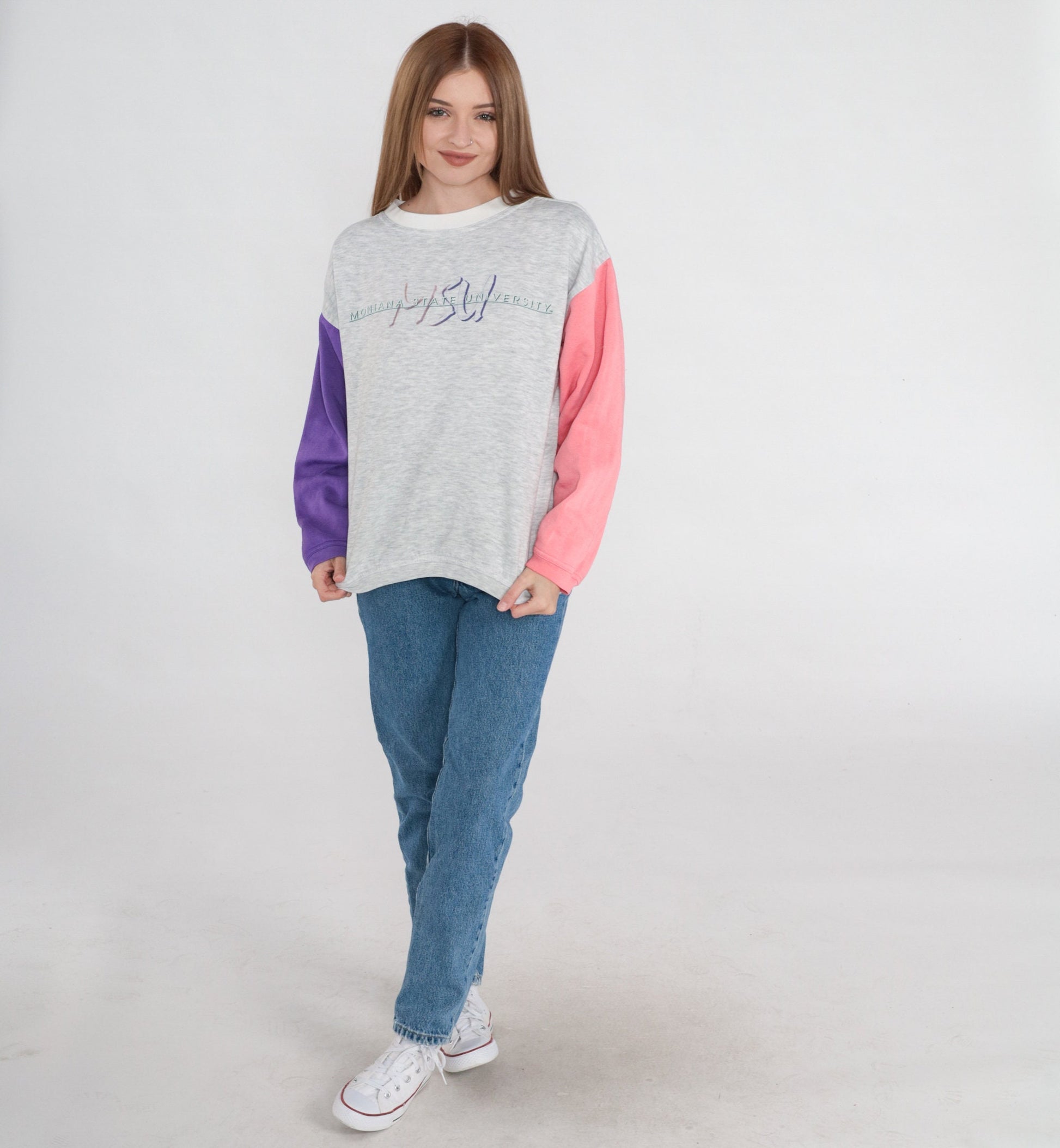 90s Montana State University Bobcats Colorblock Sweatshirt Grey Pink Purple Medium