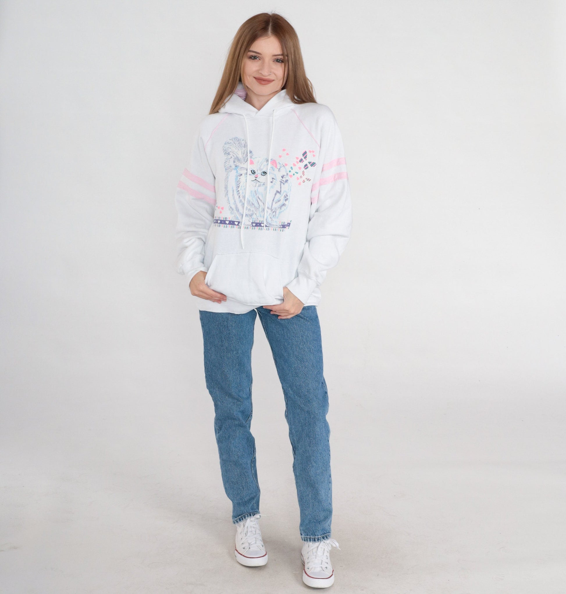 90s Kitten Graphic Hooded Sweatshirt White Pink Stripe Raglan Large L