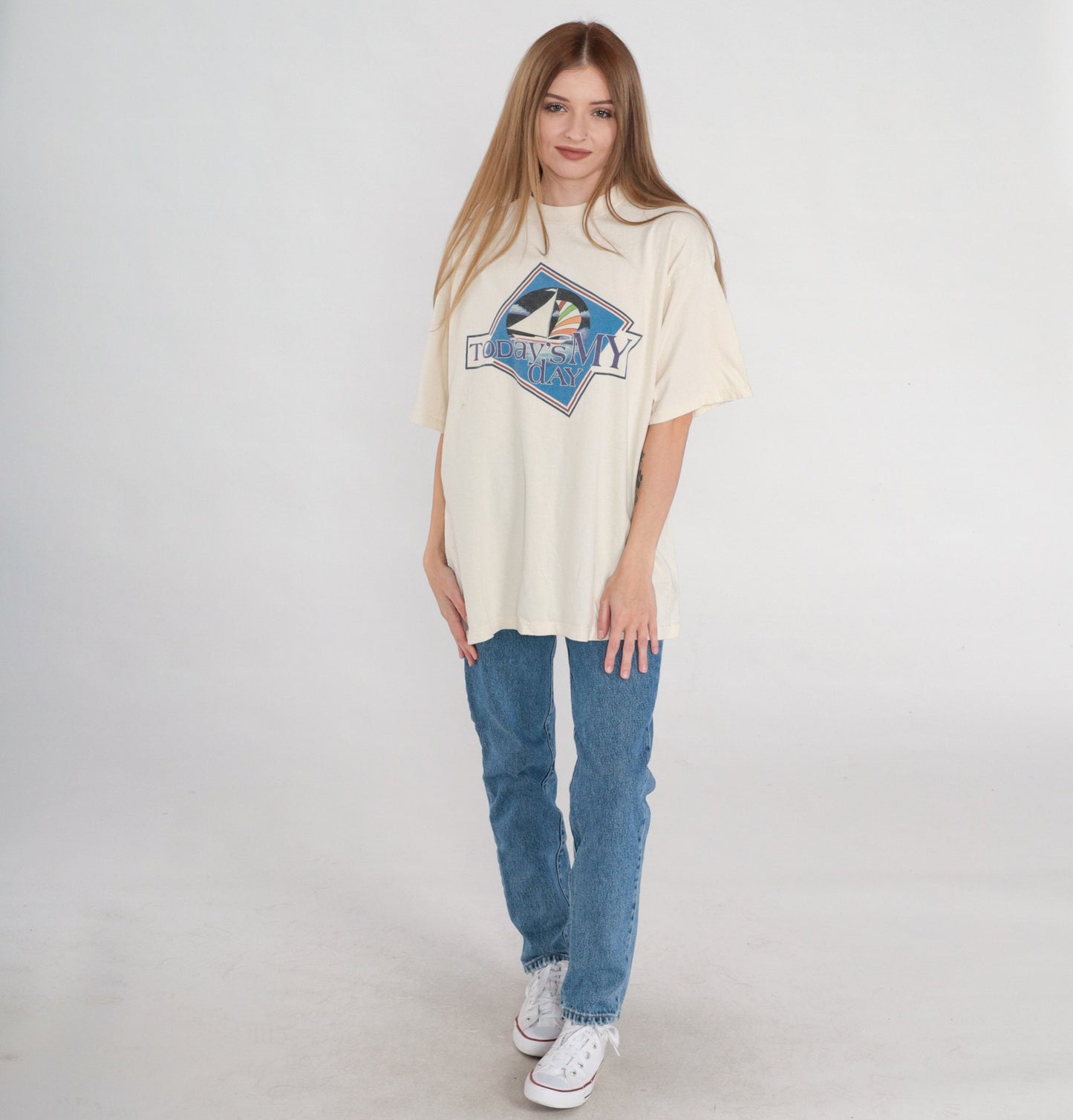 90s Sailboat Graphic T-Shirt Today's My Day Cream Cotton Tee Extra Large XL