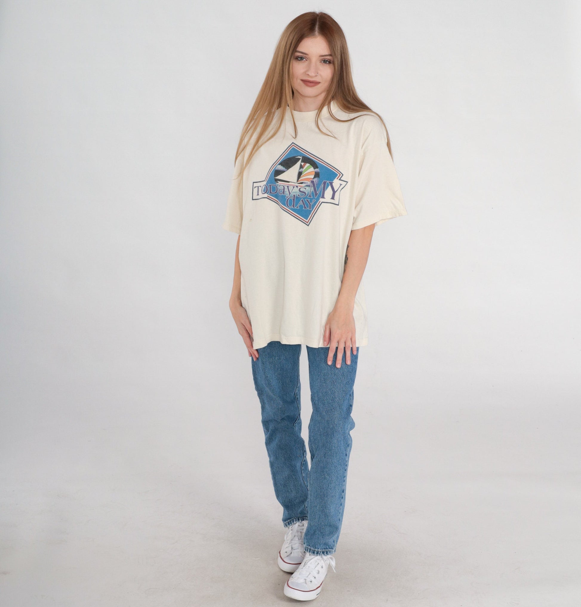 90s Sailboat Graphic T-Shirt Today's My Day Cream Cotton Tee Extra Large XL