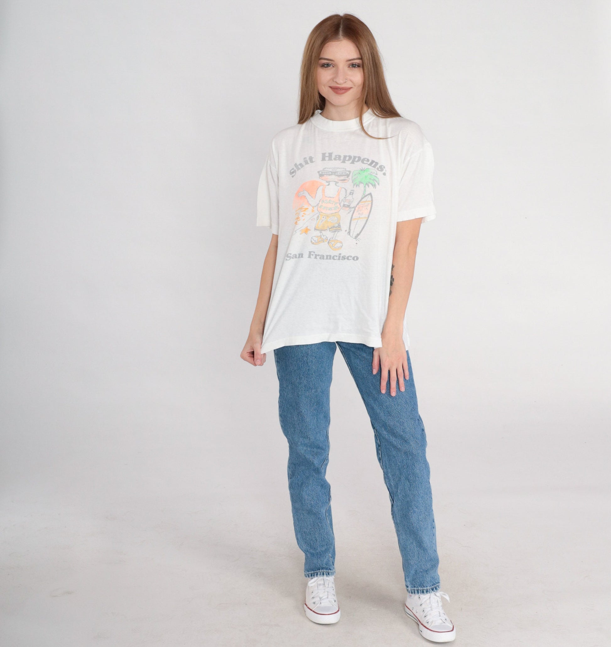 90s Shit Happens San Francisco Duck Graphic T-Shirt White Single Stitch Large