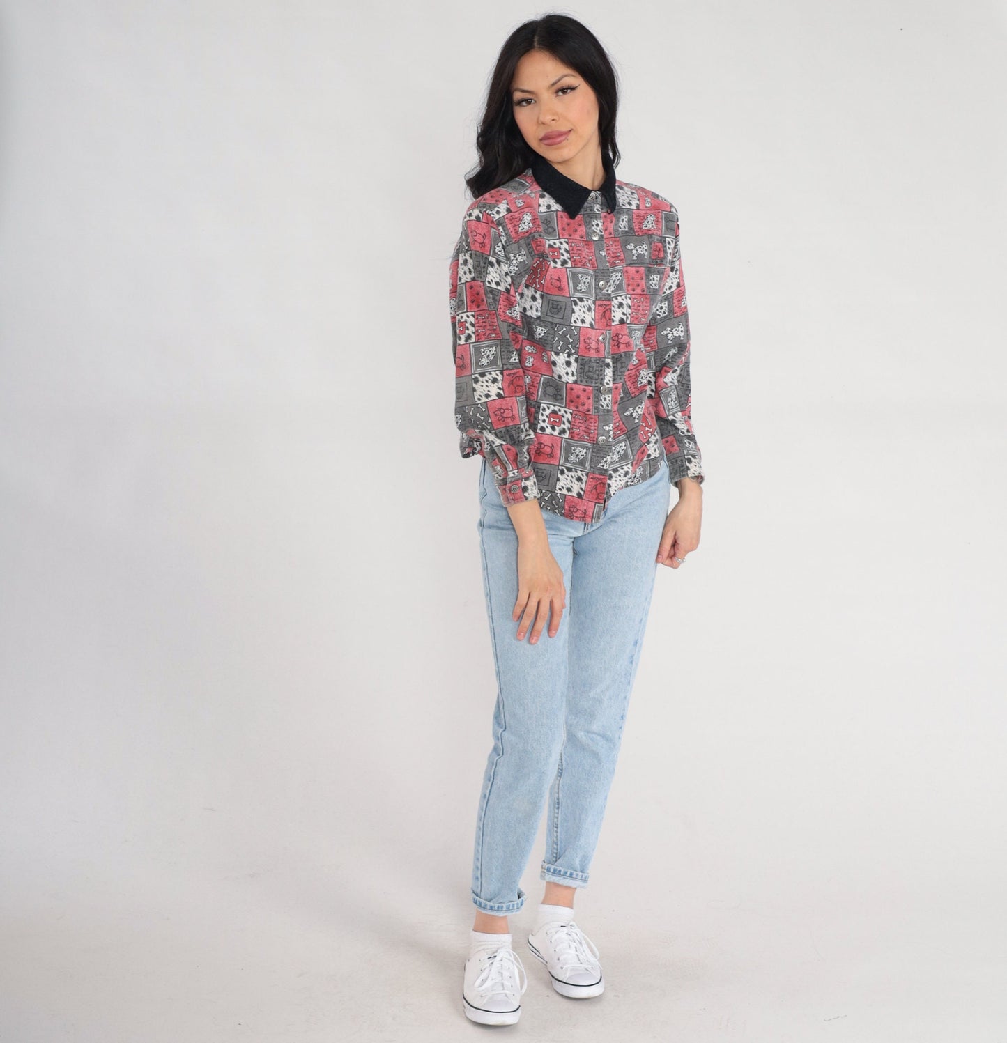 90s High Sierra Dalmatian Dog Print Button-Up Blouse Cotton Corduroy Collar Extra Small