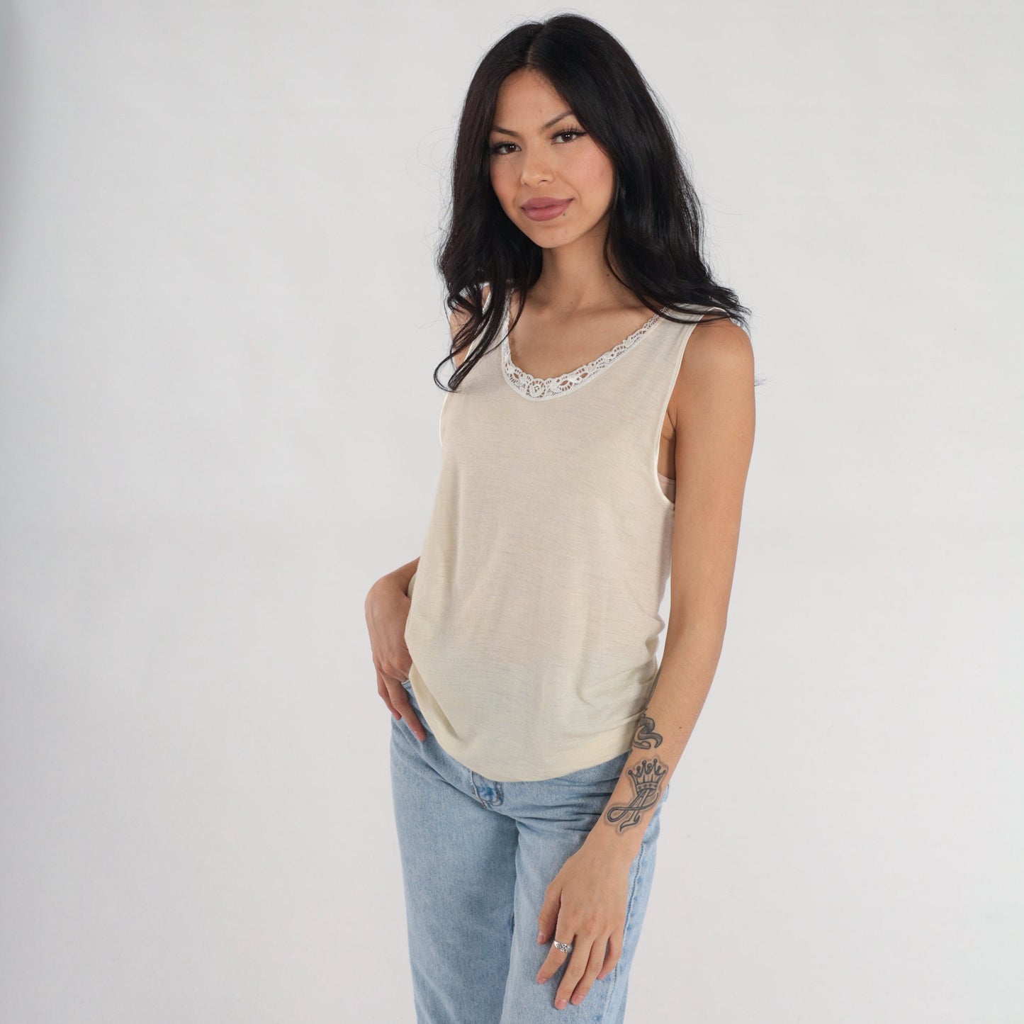 00s Ghiro Wool Silk Cami Tank Cream Lace Trim Large