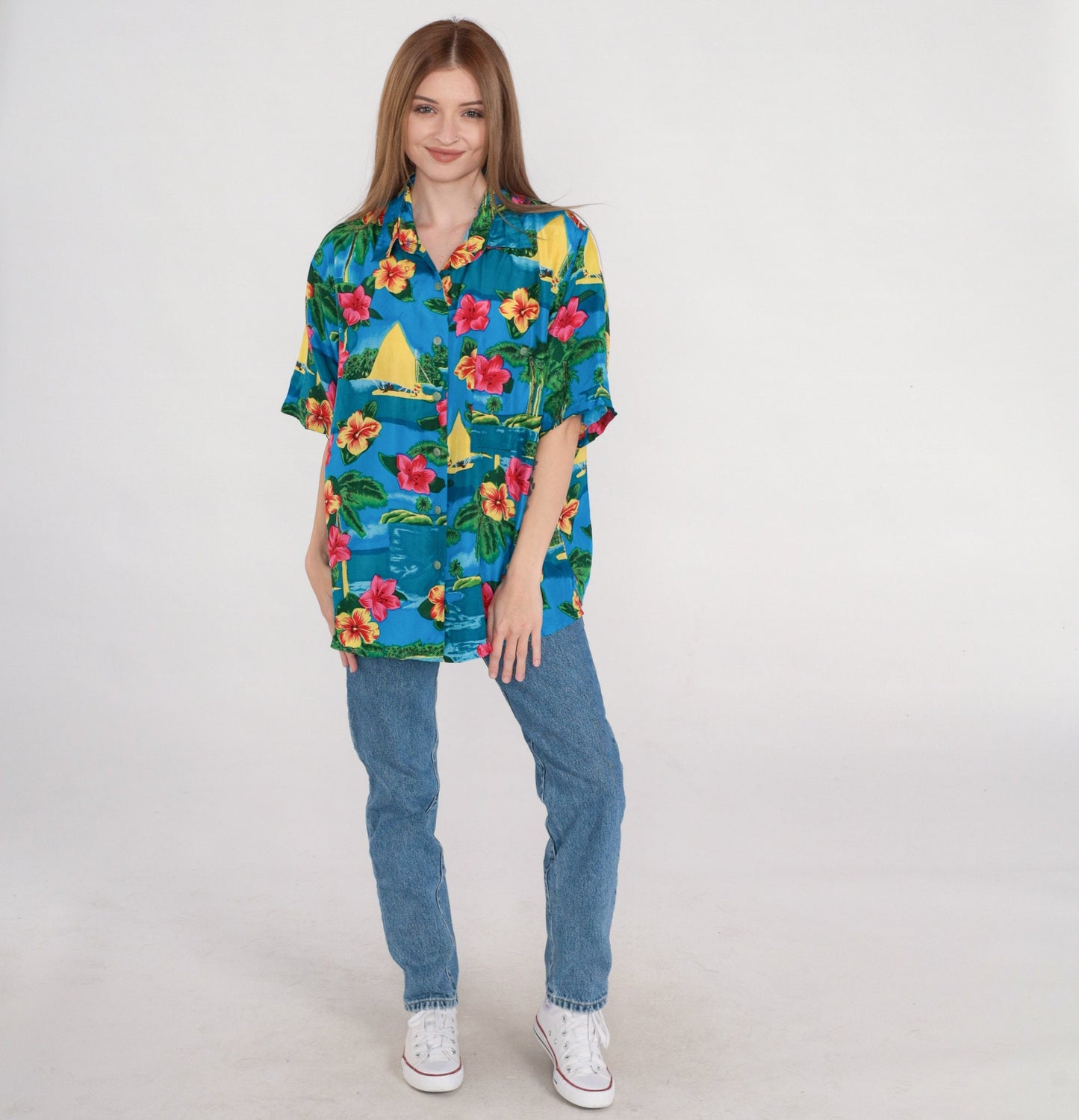 90s Blue Silk Hawaiian Shirt Tropical Hibiscus Sailboat Print Large L