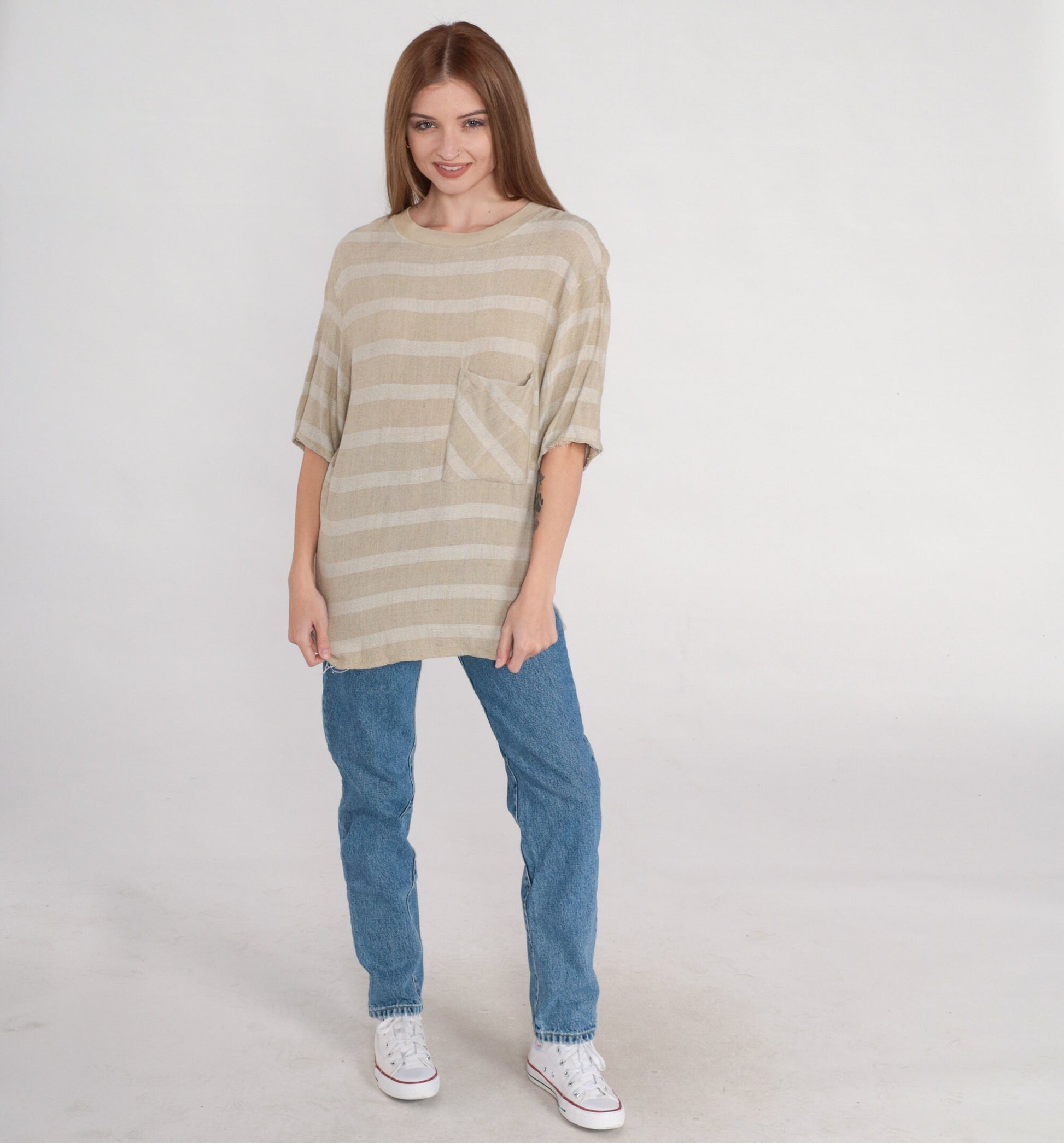 90s Tan Striped Pocket T-Shirt Rayon Crewneck Small