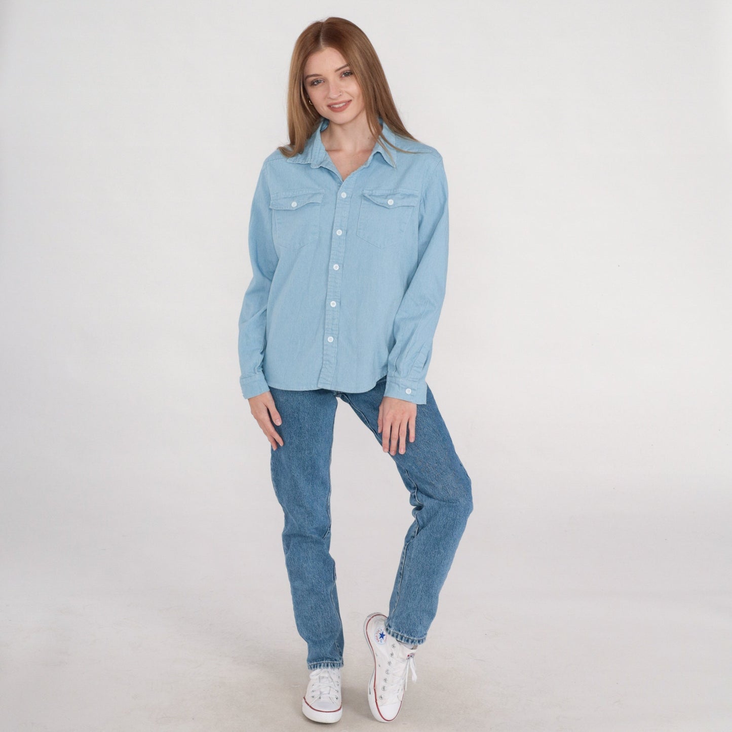 90s Blue Chambray Button-Up Shirt Long Sleeve Chest Pocket Small S