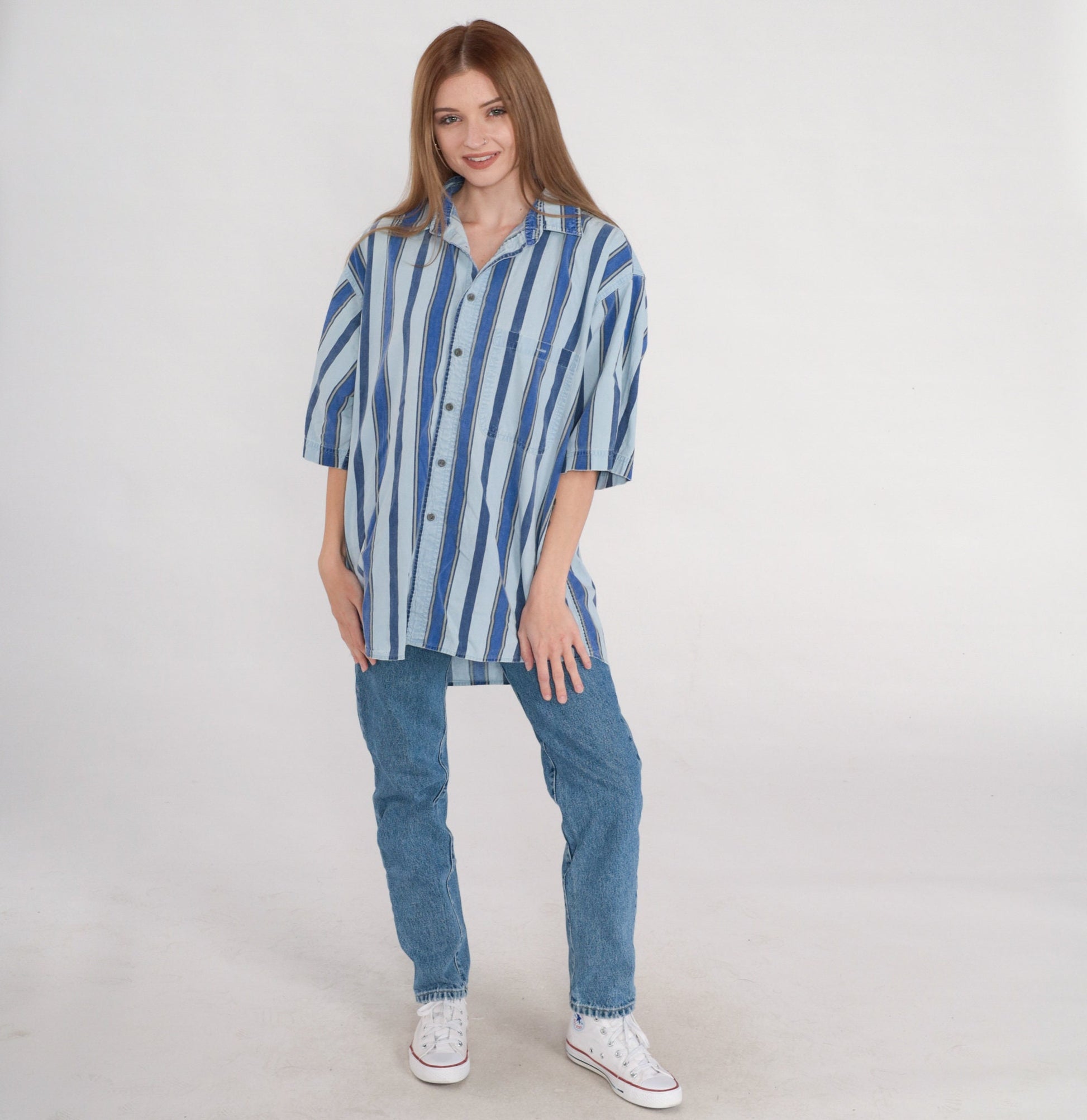 90s Sostanza Striped Cotton Button-Up Shirt Blue Collared Short Sleeve Large