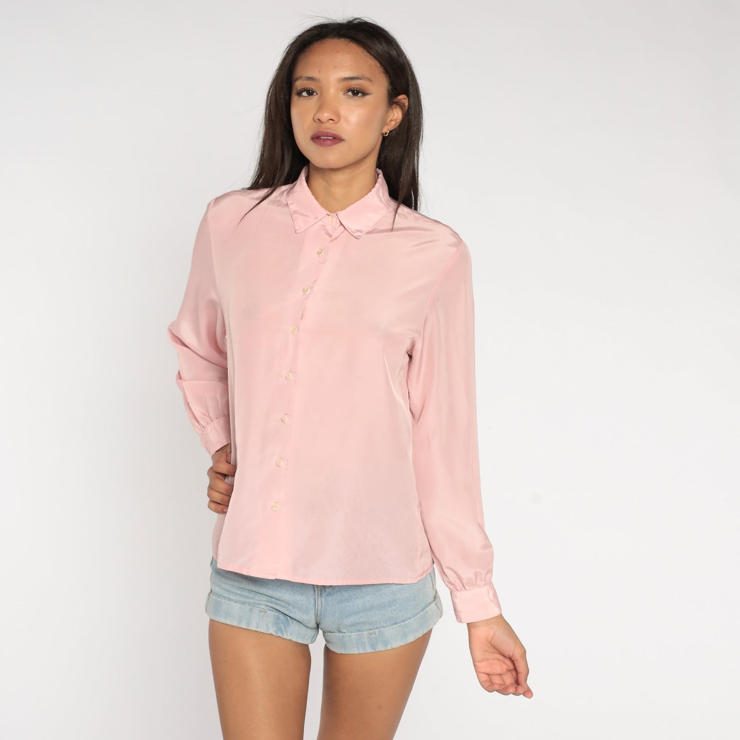 80s Leslie Fay Baby Pink Button-Up Blouse Long Sleeve Collared Medium