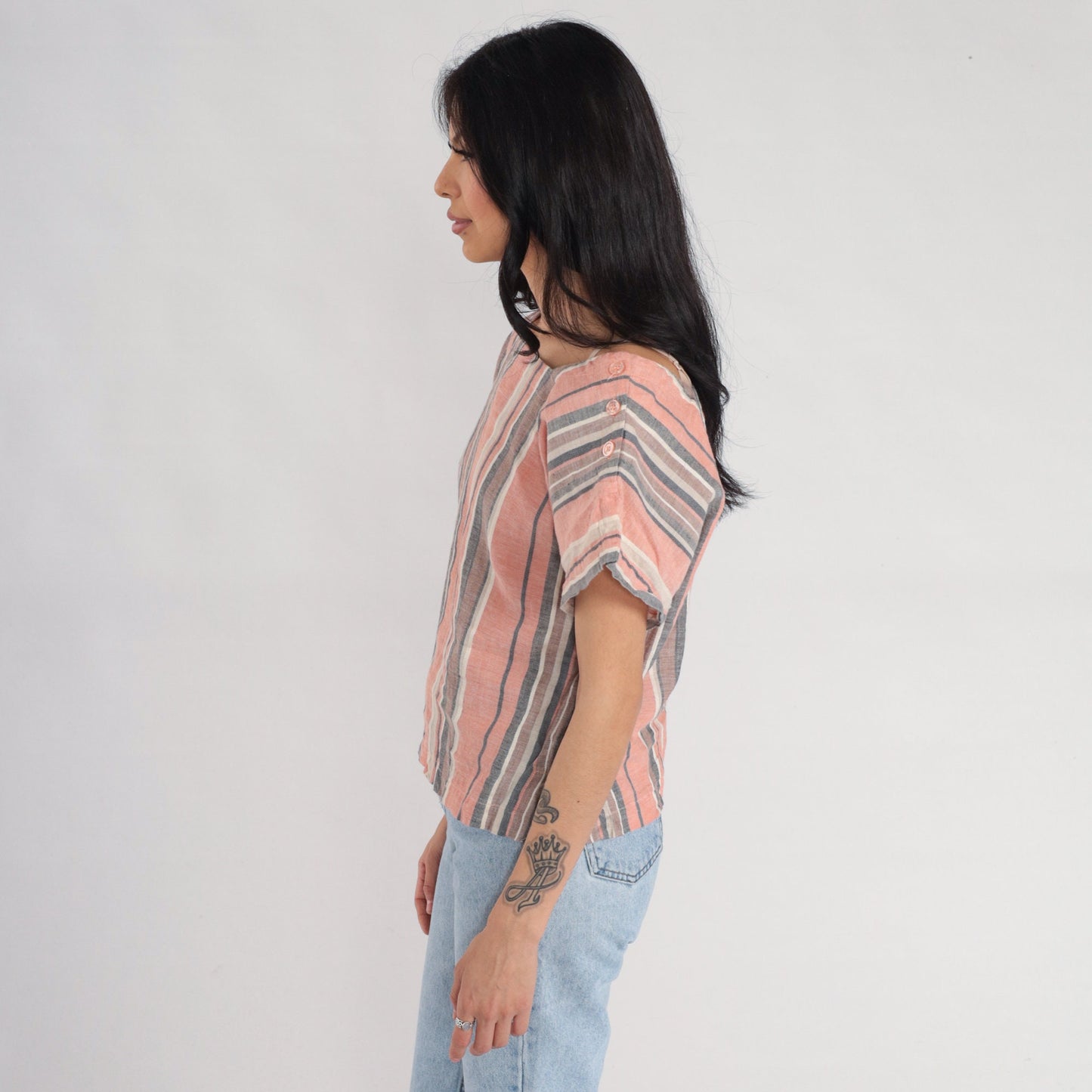 80s Pink Striped Button Shoulder Blouse Short Sleeve Top Medium