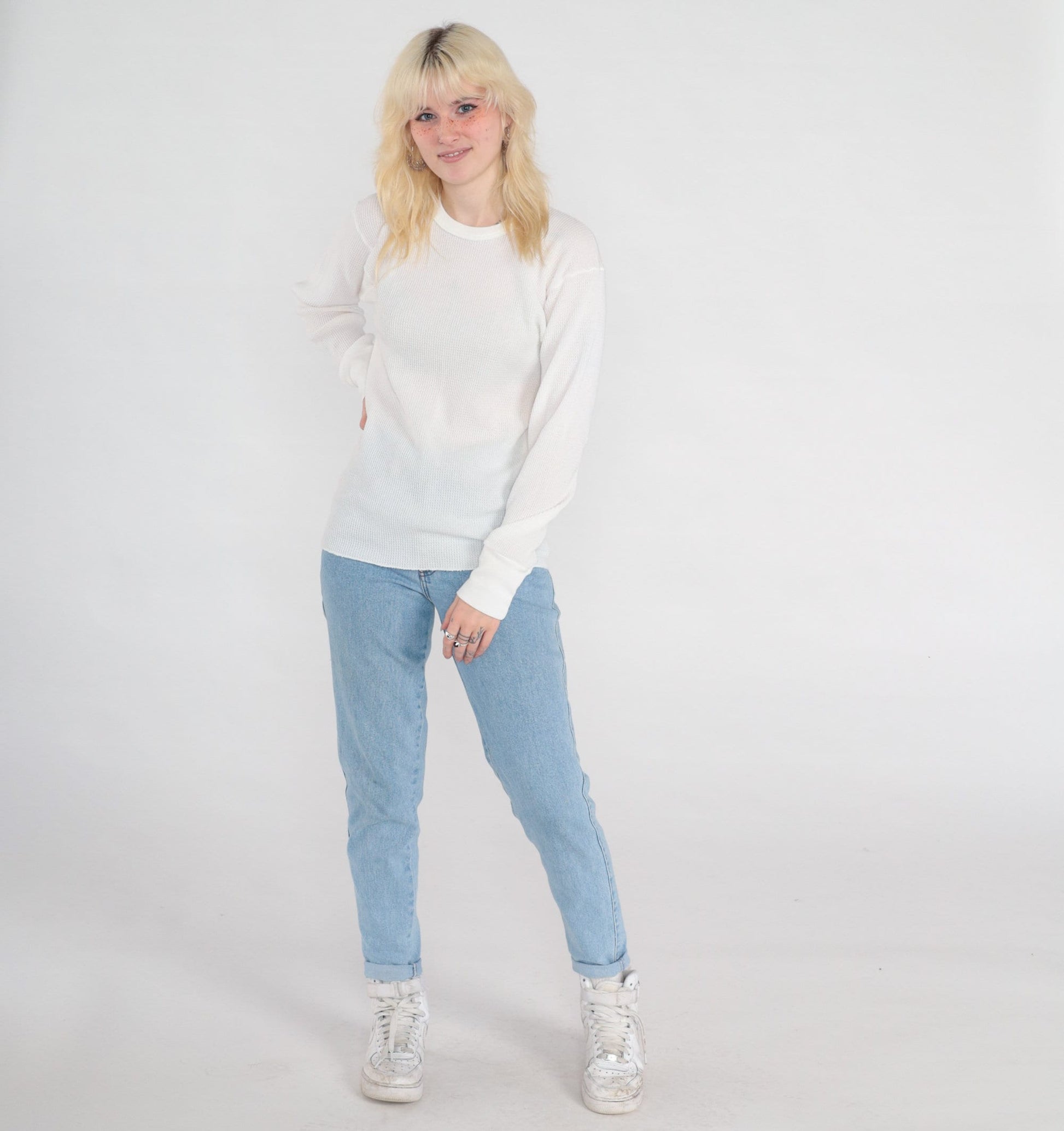 80s White Waffle Knit Thermal Long Sleeve Shirt Small Medium