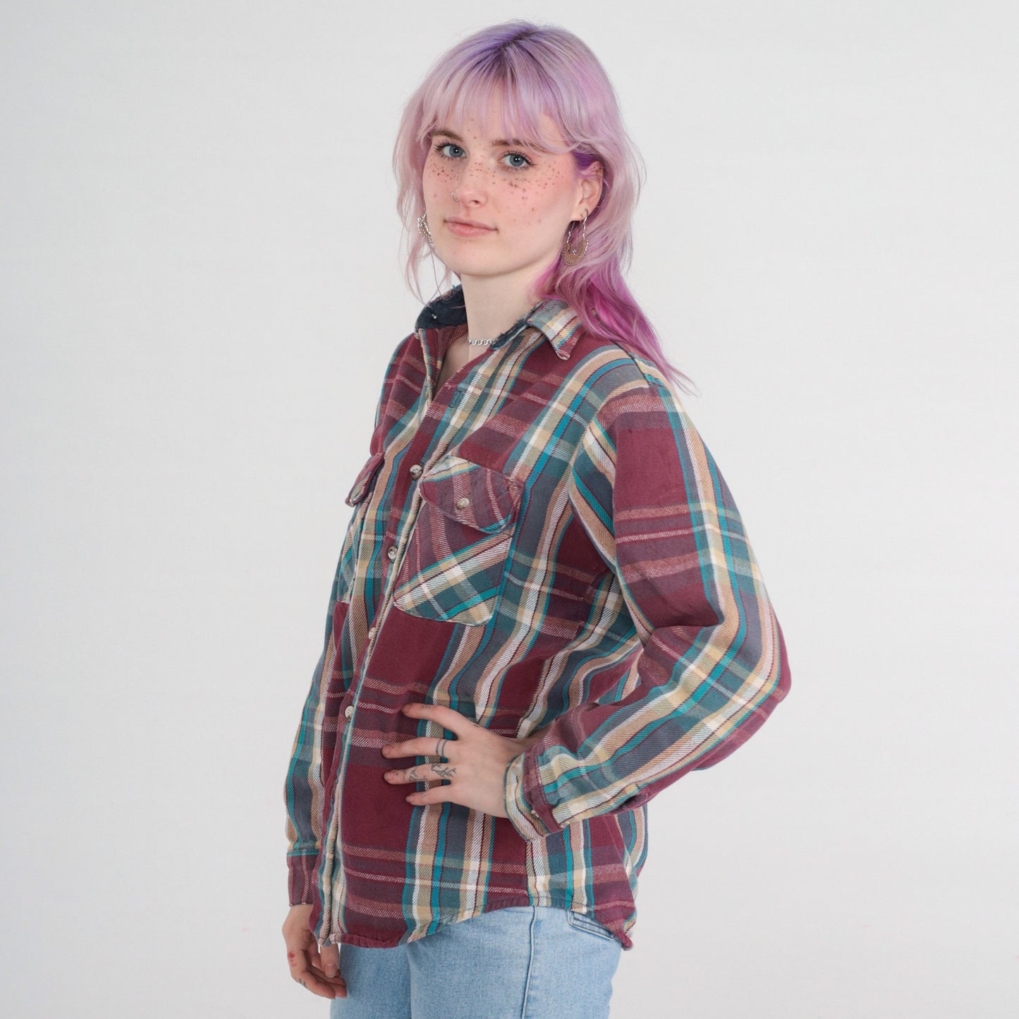 90s Burgundy Plaid Button-Up Shirt Long Sleeve Checkered Medium