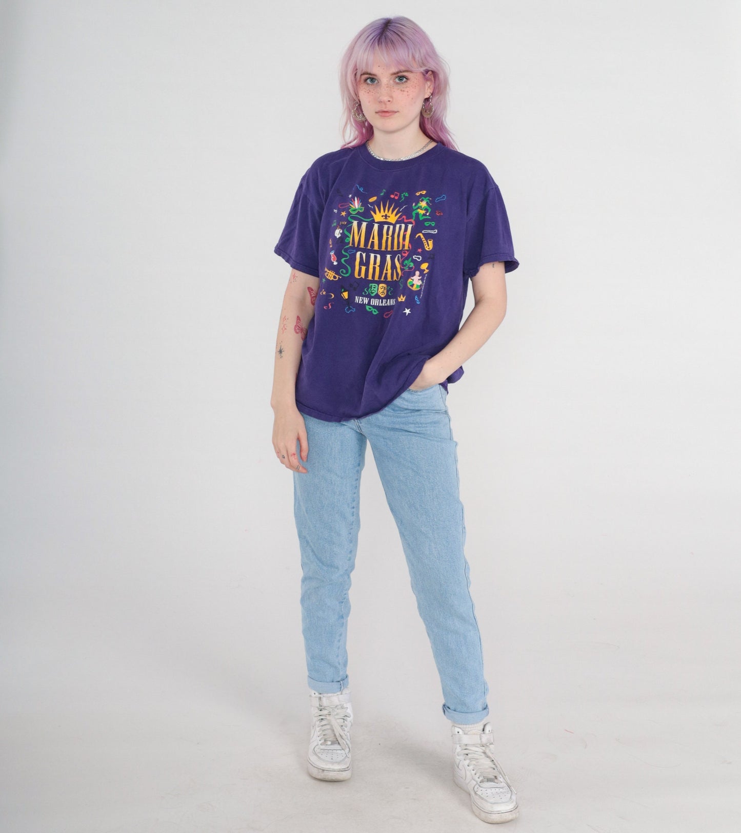 90s New Orleans Mardi Gras Masquerade Graphic T-Shirt Purple Jerzees Large