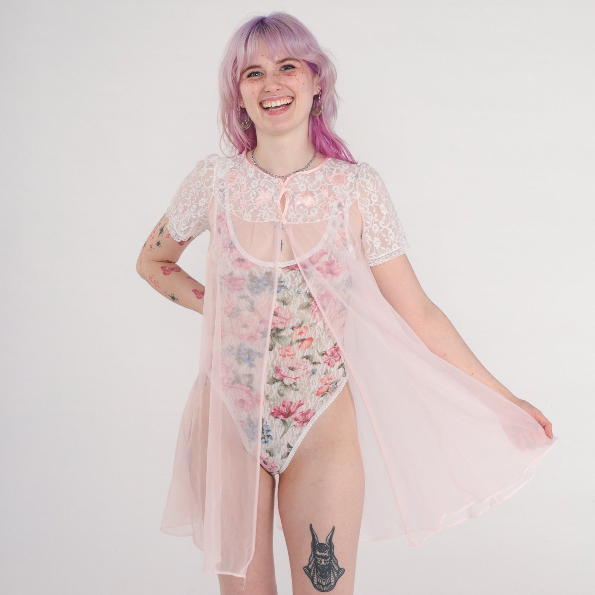 70s Baby Pink Sheer Nylon Lingerie Robe Lace Puff Sleeve Small