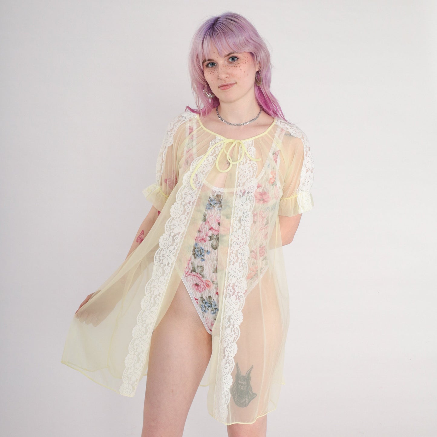 70s Yellow Sheer Nylon Lace Lingerie Robe Kimono Small