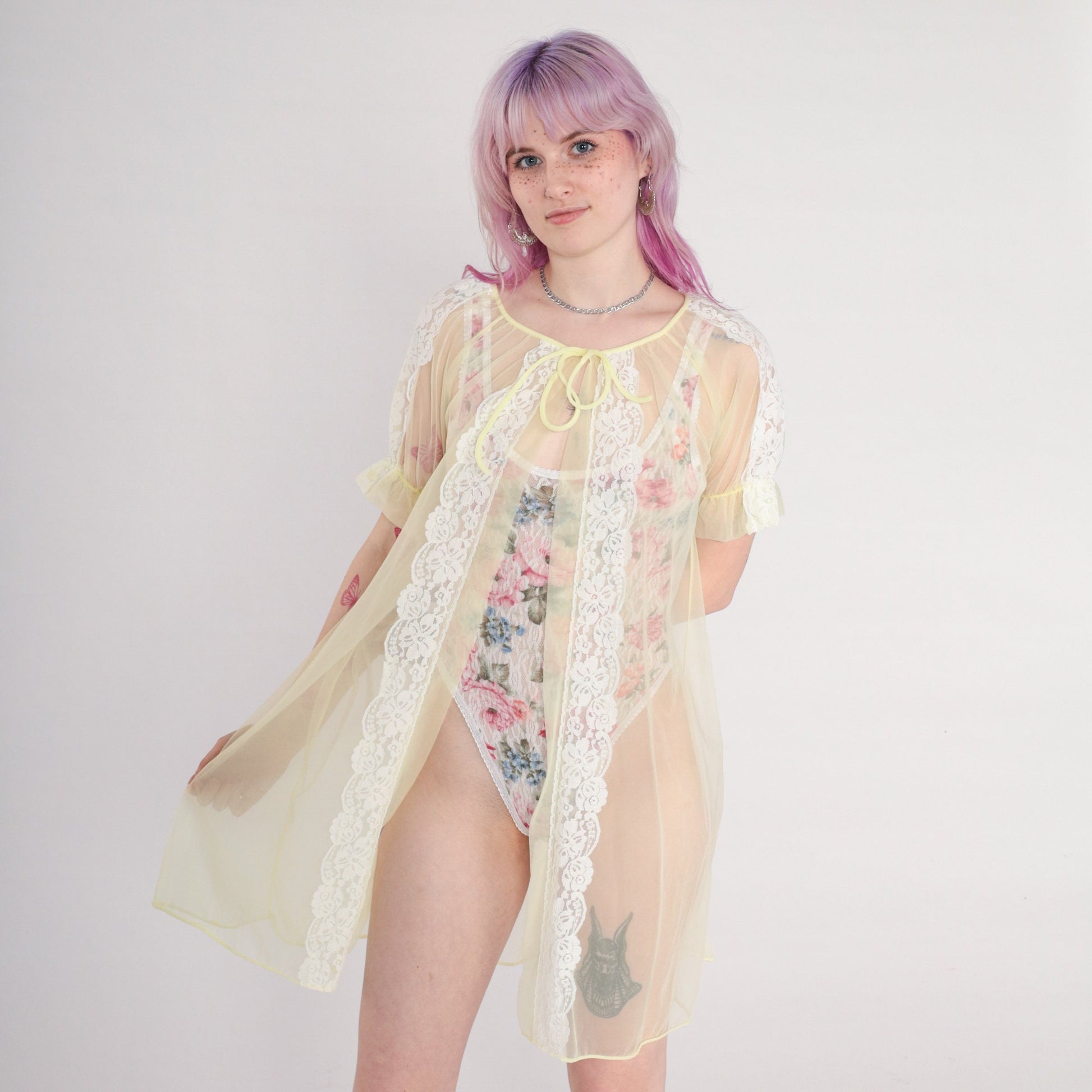 70s Yellow Sheer Nylon Lace Lingerie Robe Kimono Small