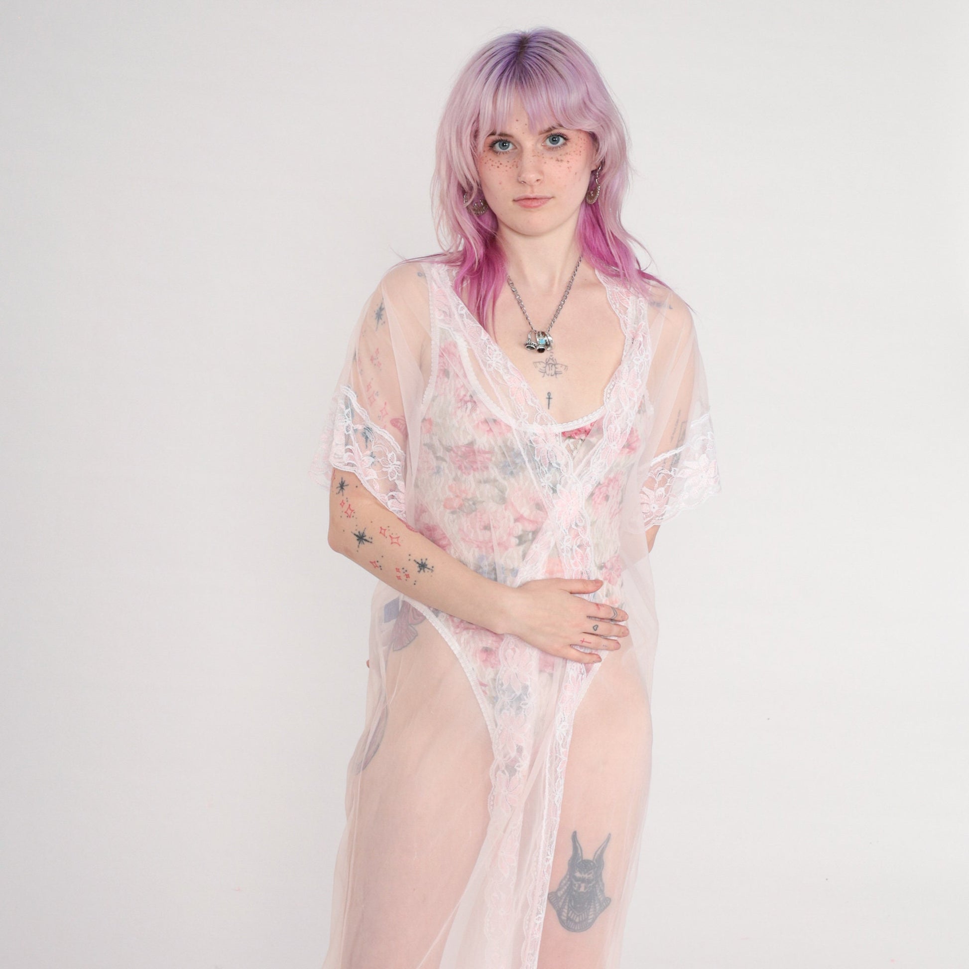 70s Baby Pink Sheer Nylon Maxi Robe Lace Trim Open Front Large L