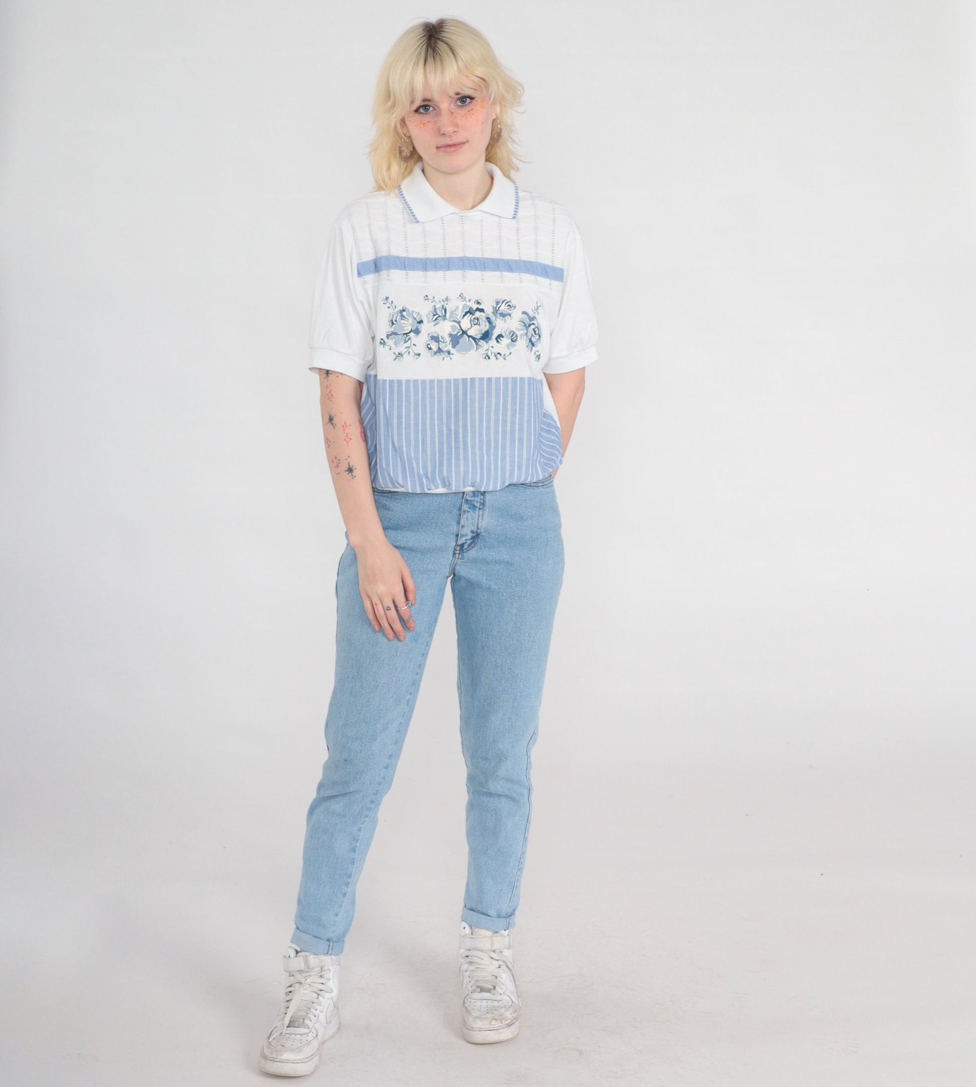 90s Floral Striped Blouse White Blue Collared Short Sleeve Large L