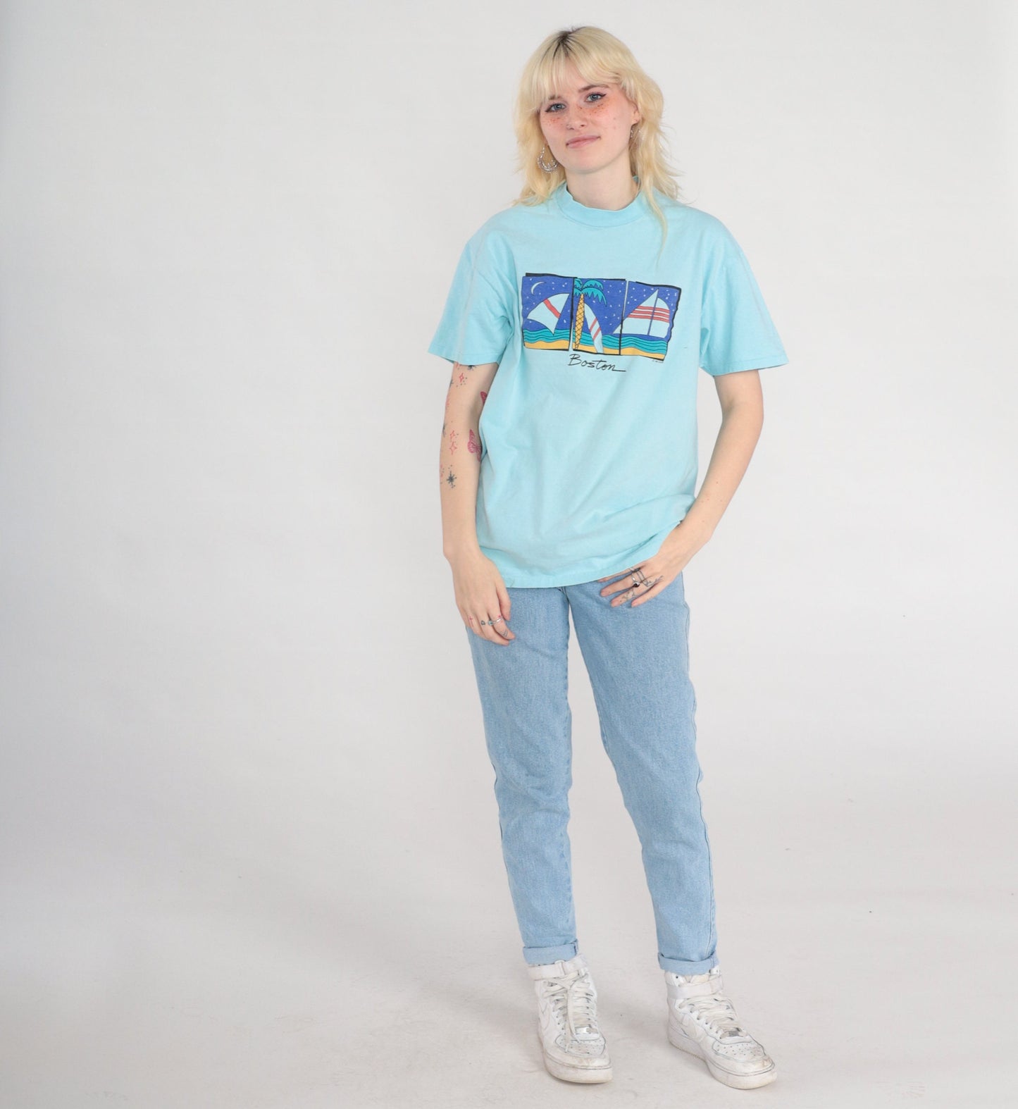 80s Boston Sailboat Graphic T-Shirt Single Stitch Aqua Blue Medium Large