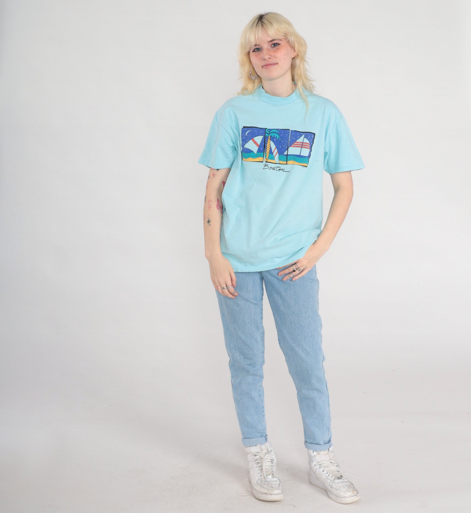 80s Boston Sailboat Graphic T-Shirt Single Stitch Aqua Blue Medium Large