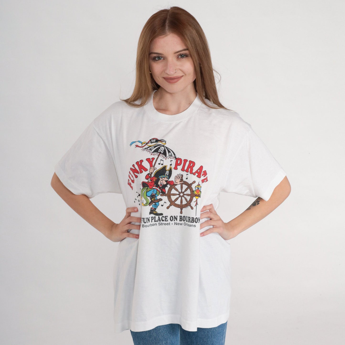 90s The Funky Pirate New Orleans Dive Bar Graphic T-Shirt White XL