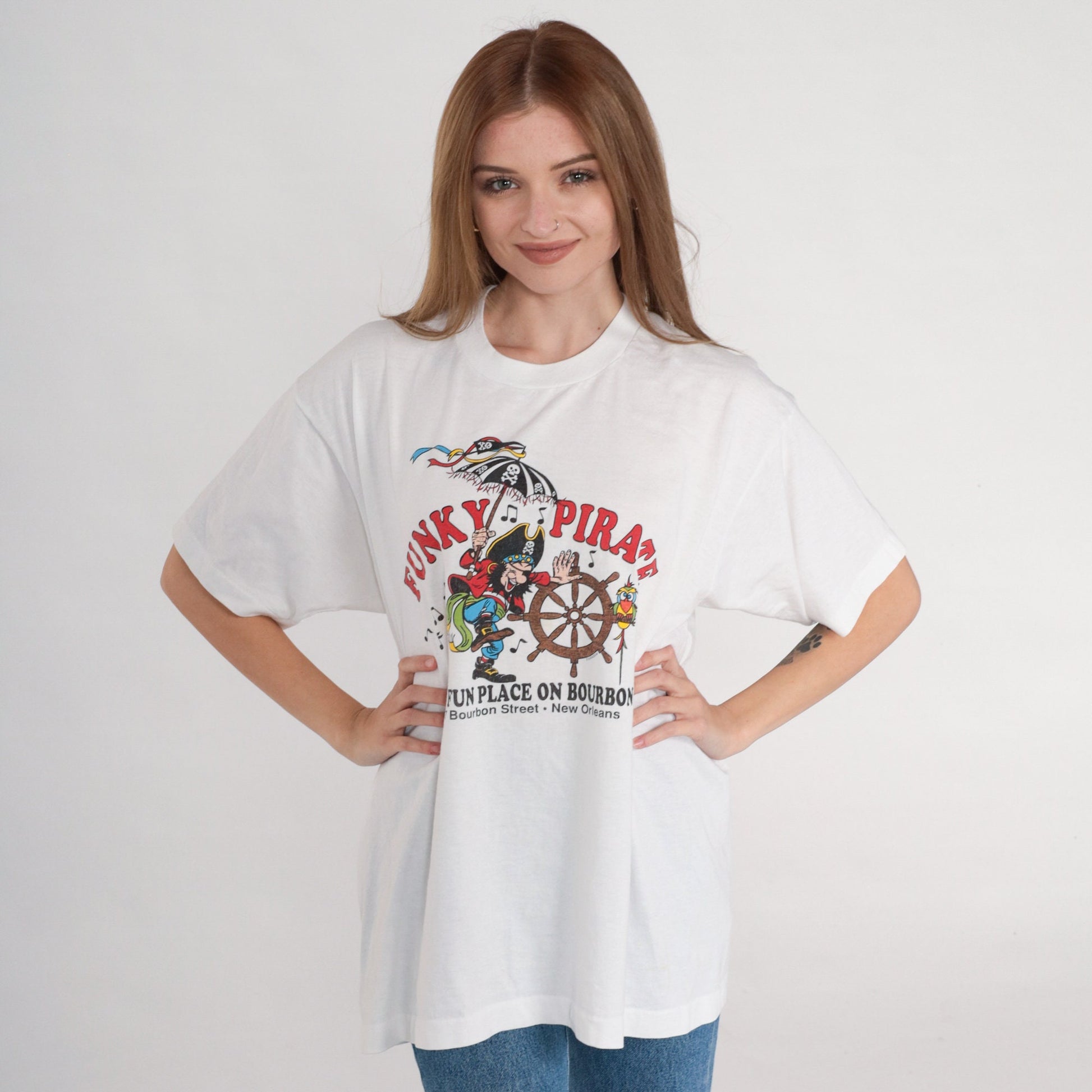 90s The Funky Pirate New Orleans Dive Bar Graphic T-Shirt White XL