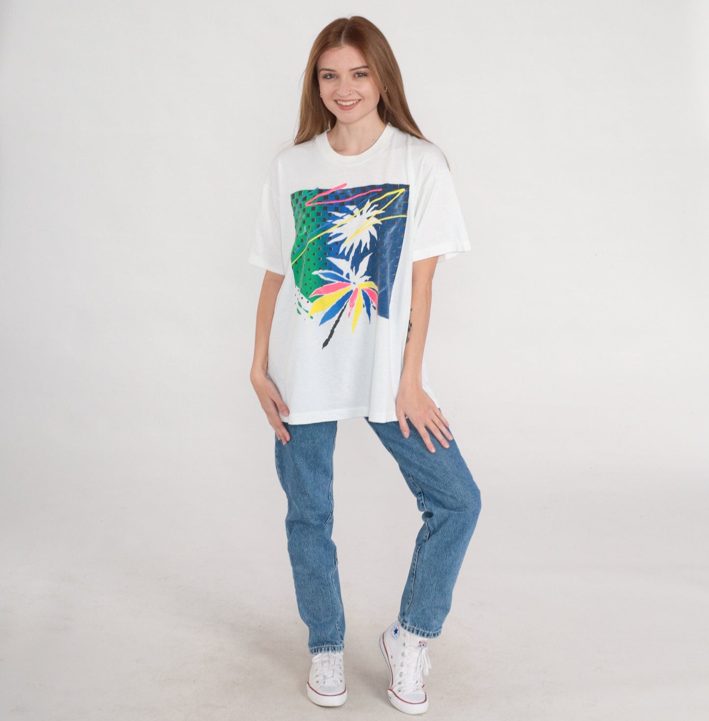 90s Tropical Palm Tree Graphic T-Shirt Single Stitch White Extra Large XL