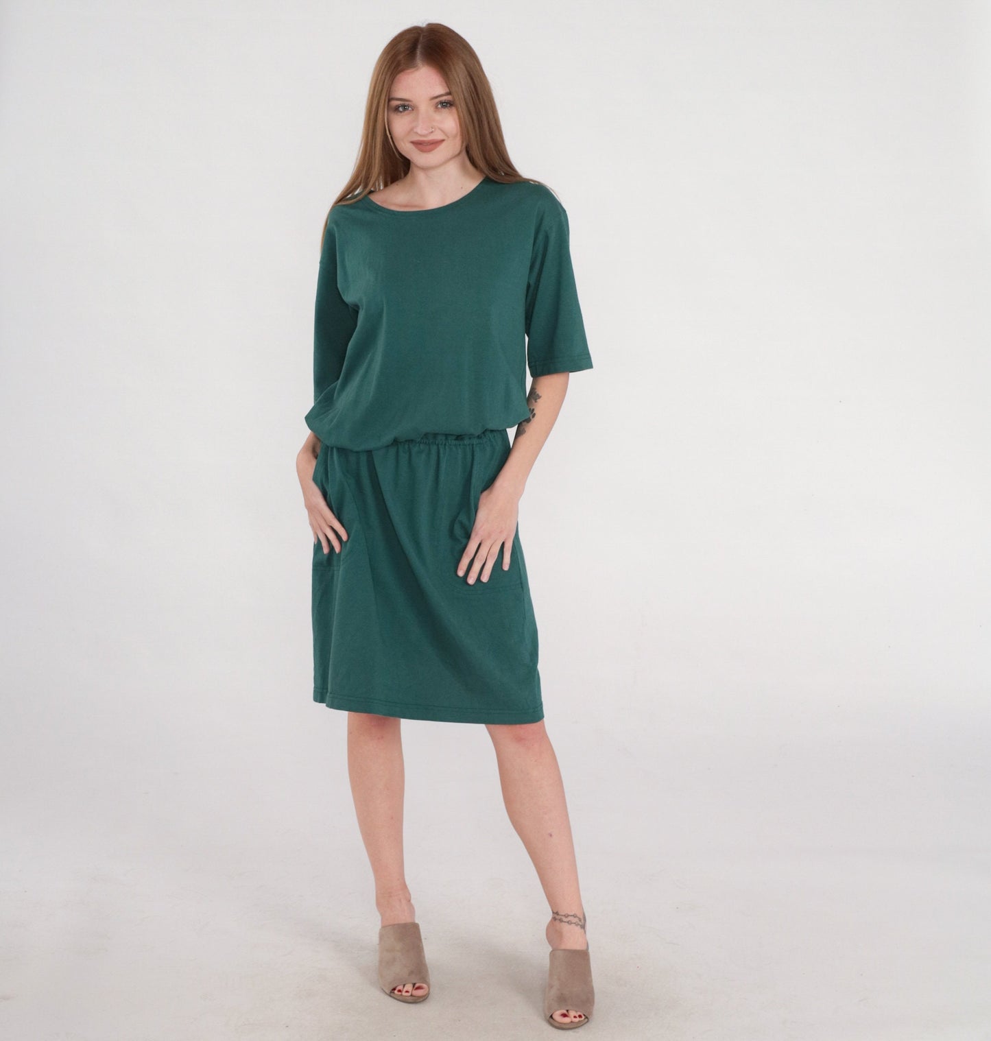 90s Hunt Club Green Cotton T-Shirt Dress Knee Length Drop Waist Medium