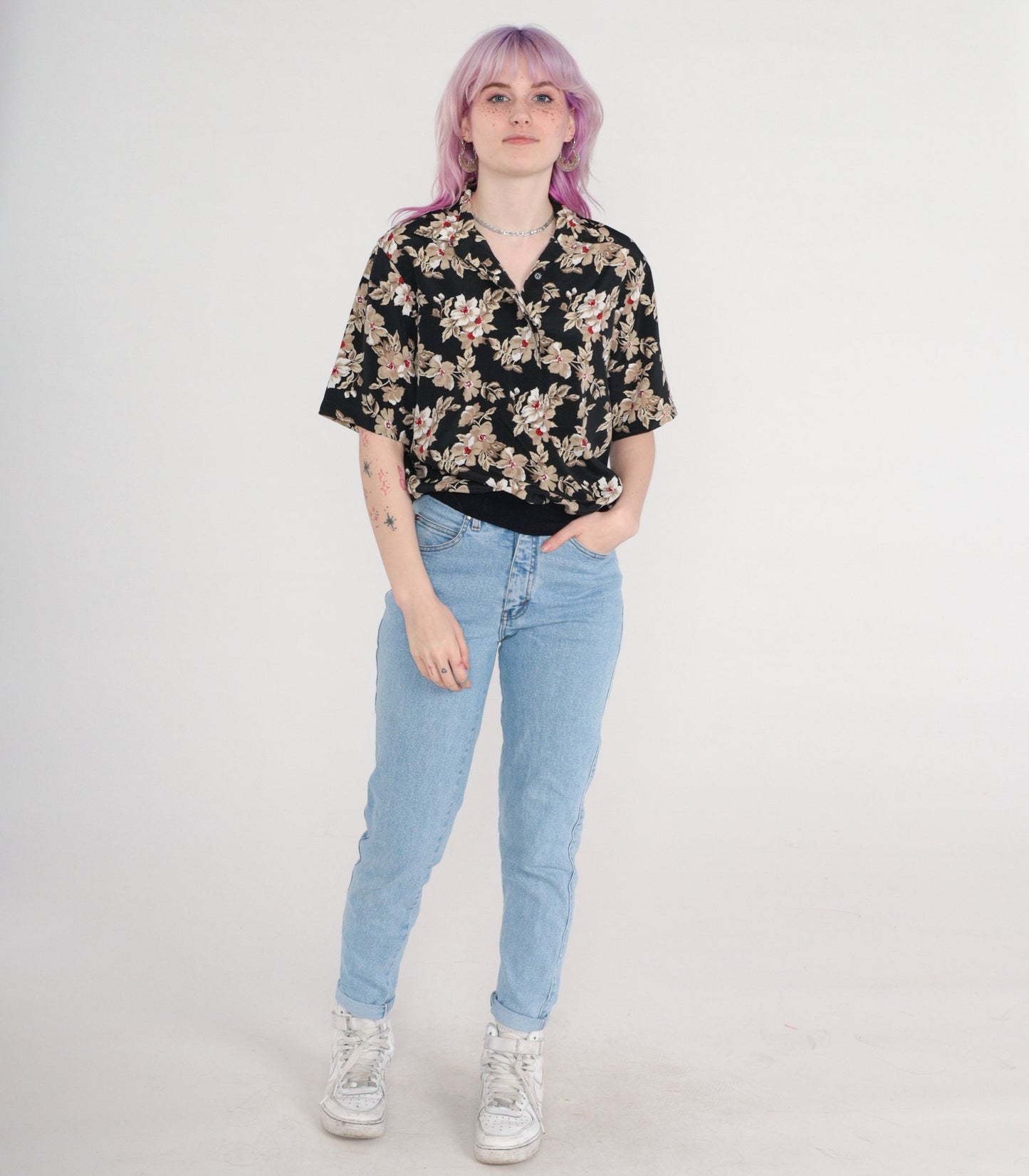 80s Alfred Dunner Floral Button-Up Blouse Black Banded Hem Medium
