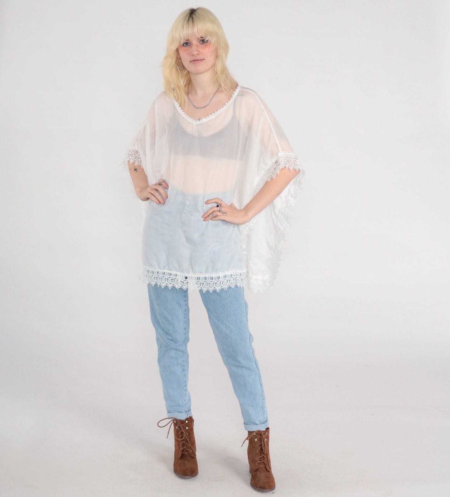 90s White Lace Poncho Top Sheer Crochet Cape Blouse One Size