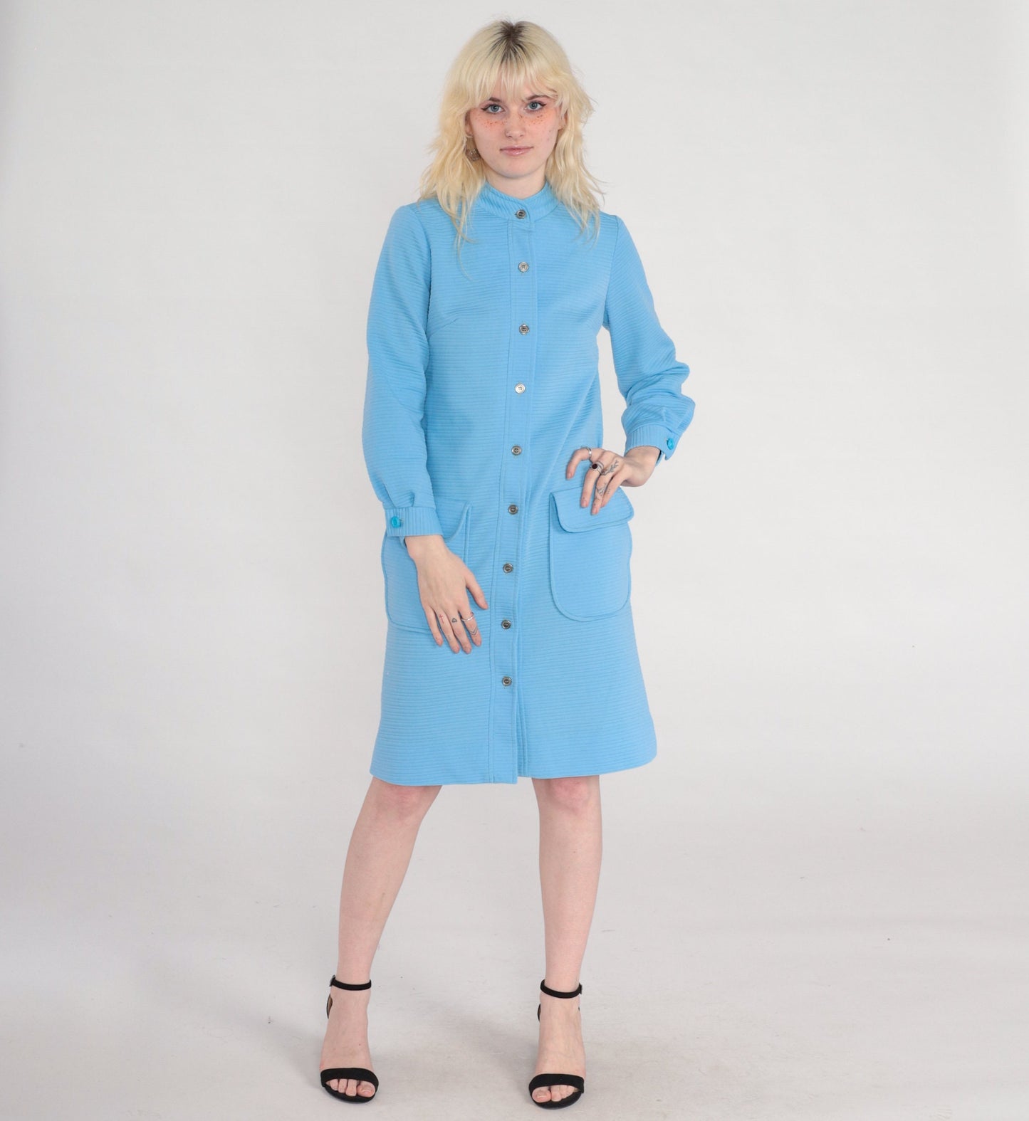 70s Mod Shift Dress Blue Ribbed Polyester Button Front Long Sleeve Small