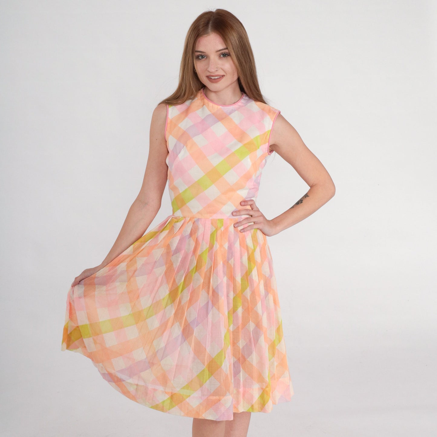 1960s Checkered A-Line Sundress High Waist Sleeveless Pink Orange Green Mini Extra Small